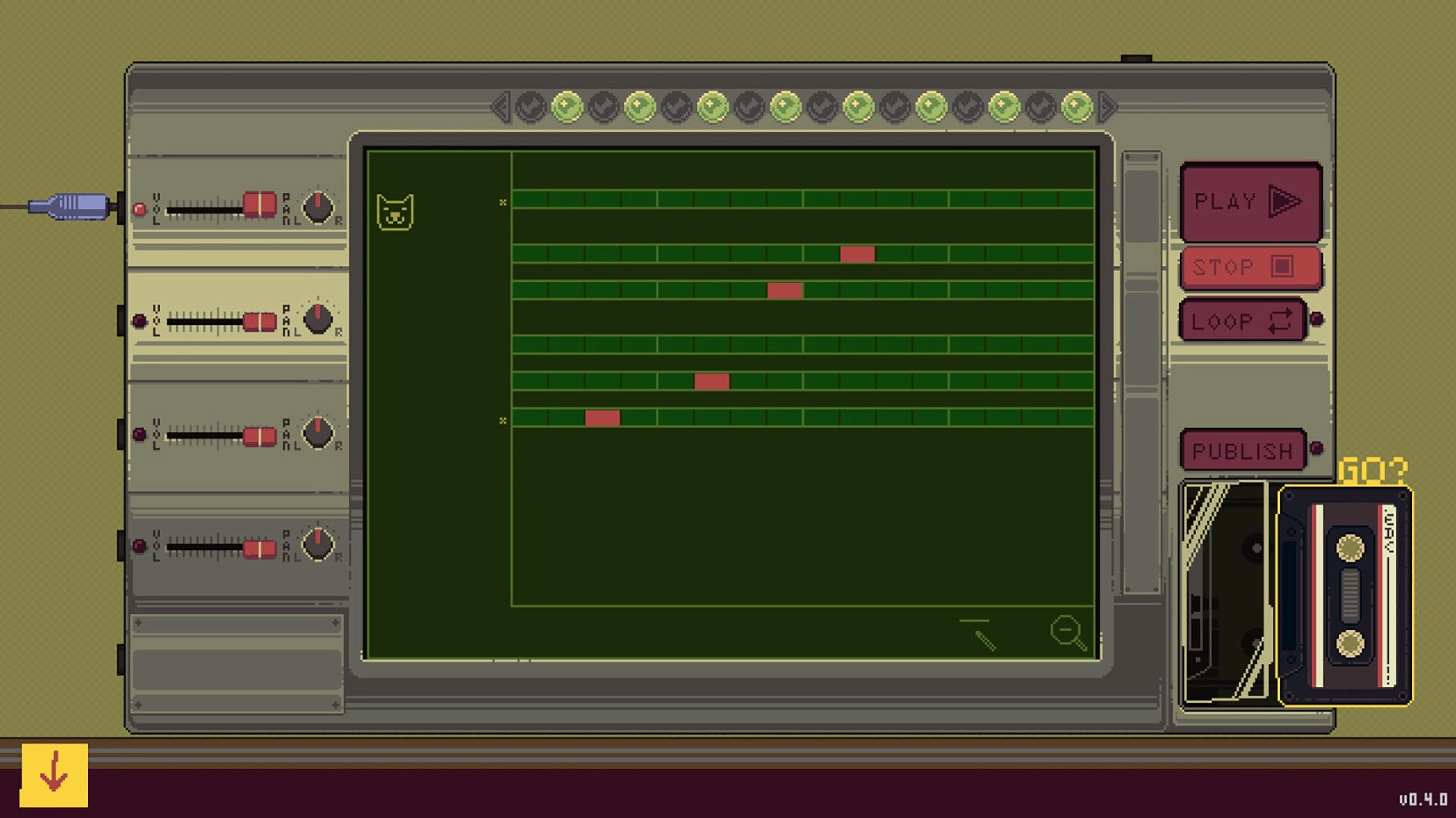 OFFBEAT: Step sequencer grid with red notes, mixer sliders, and play/stop/loop buttons on console.