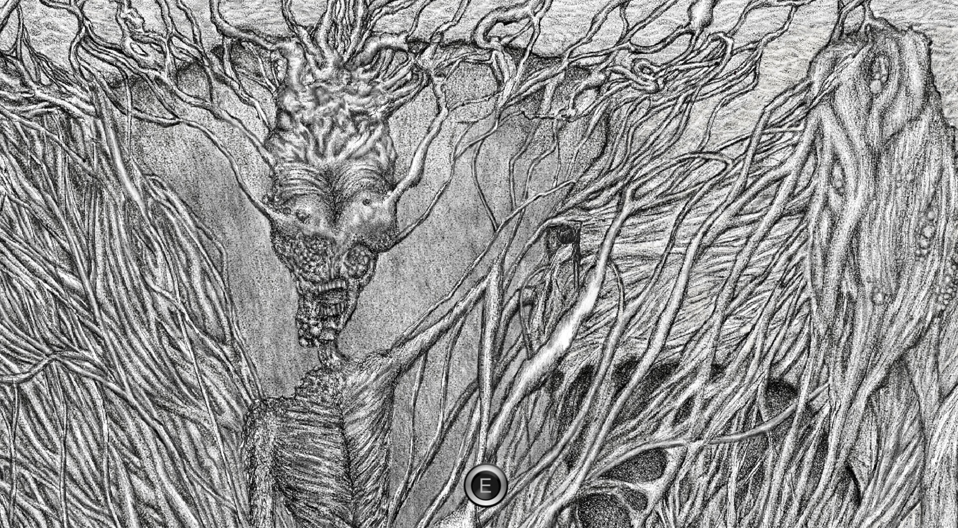 OFFERING APP: Skeletal creature entangled in twisted roots with interactive "E" prompt in eerie setting
