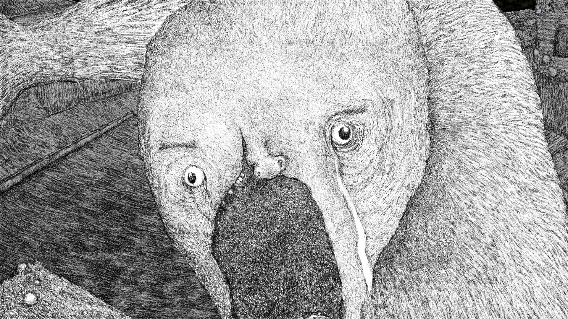 OFFERING APP: Distorted creature with wide eyes and tears in a monochrome, textured environment