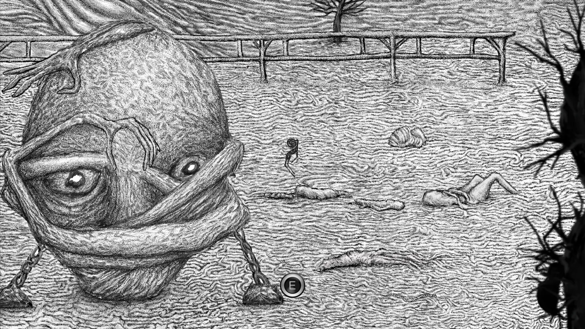 OFFERING APP: Surreal creature with large eye chained in barren landscape with scattered human figures.