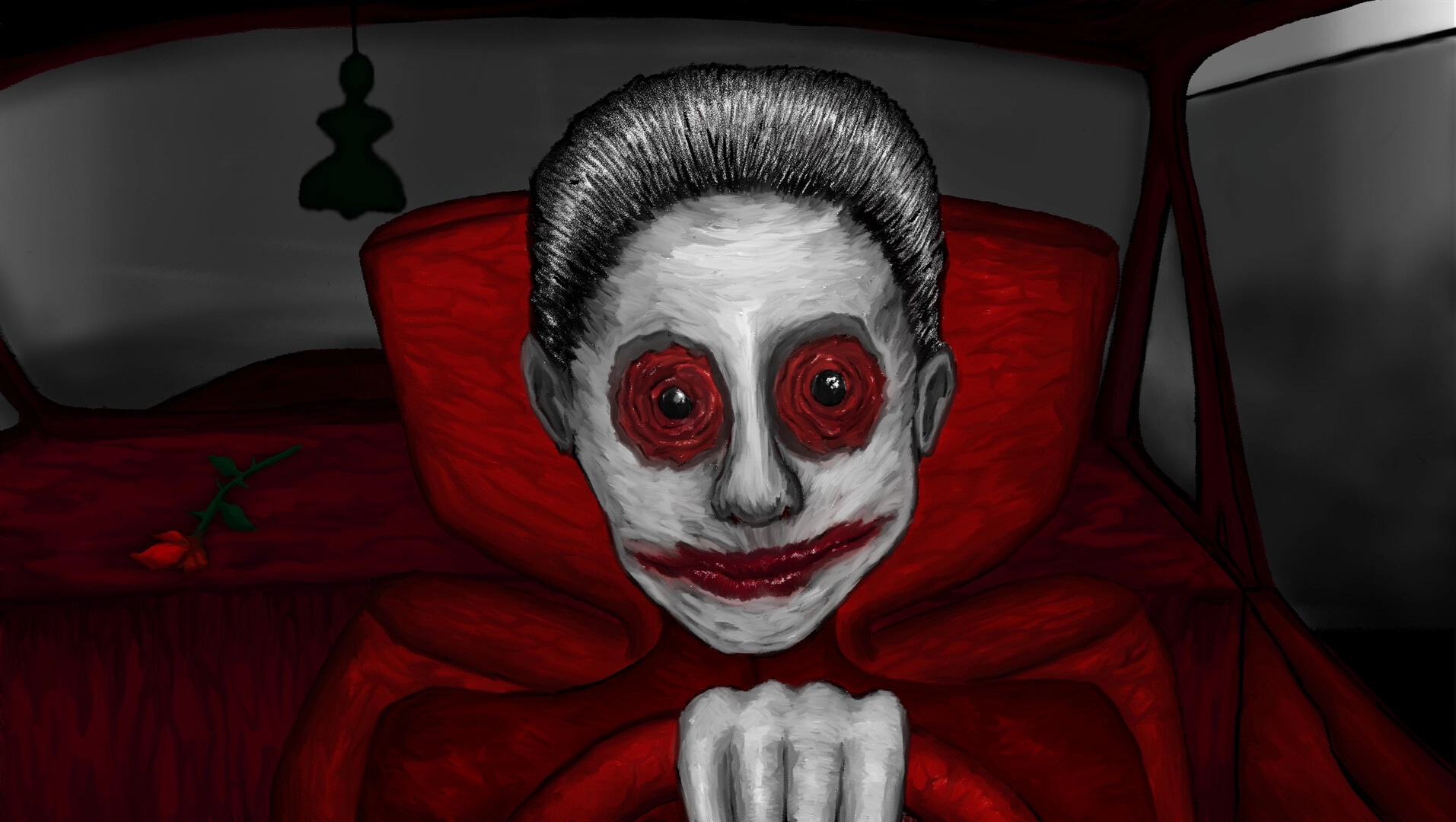 OFFERING APP: Creepy figure with red eyes and smile drives in dark car interior, single rose on dashboard