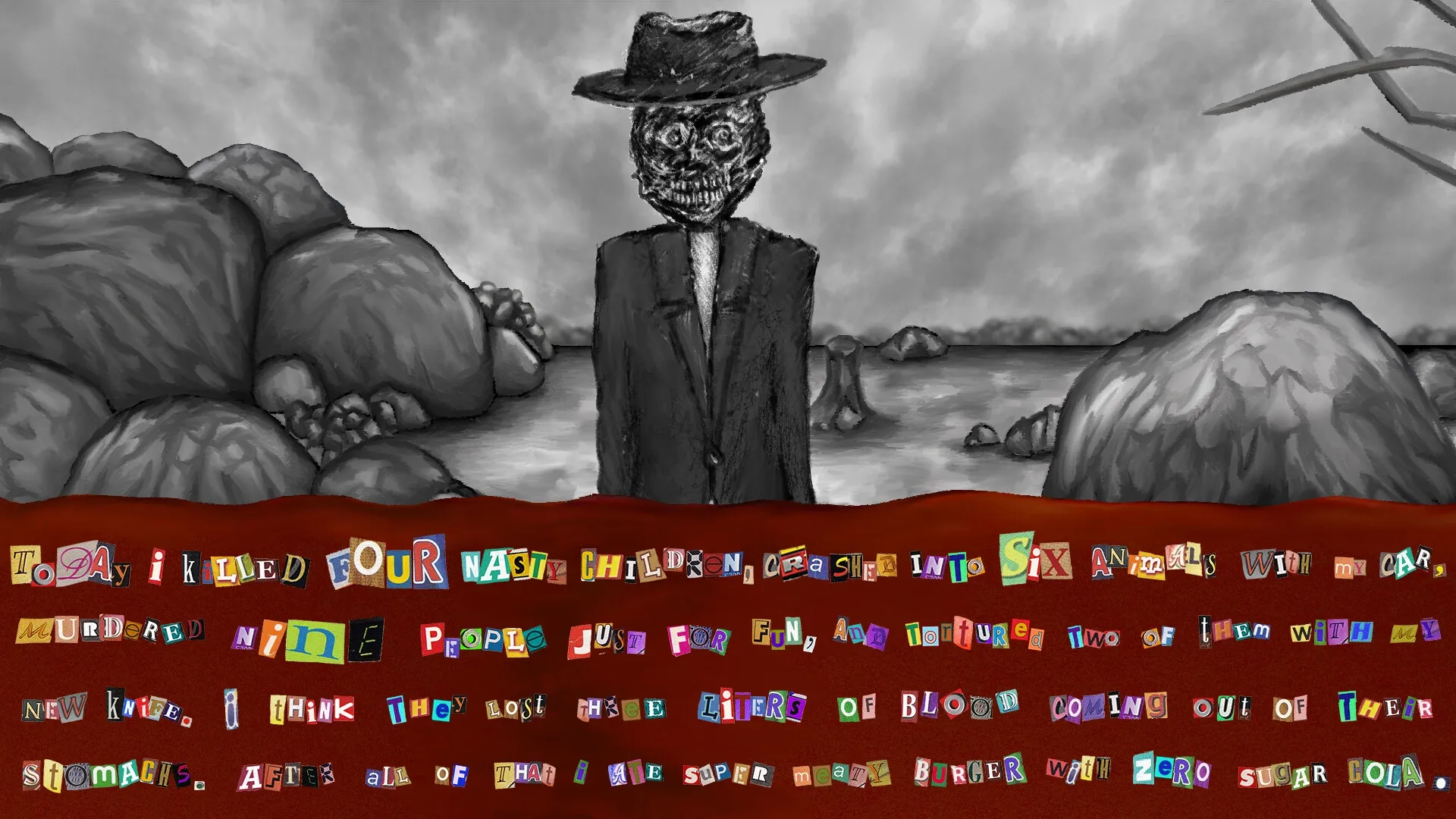OFFERING APP: Creepy figure in suit stands by rocks under stormy sky, ransom note text overlays below