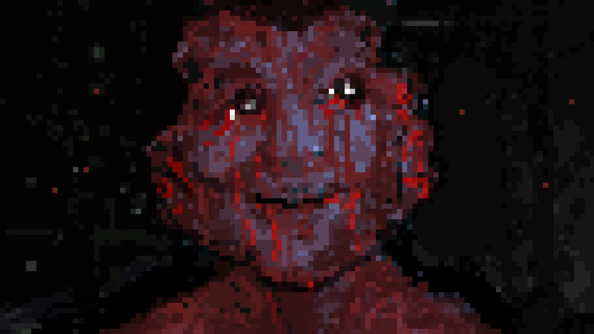 OFFERING APP: Distorted red and blue pixelated face emerging from darkness in horror setting.