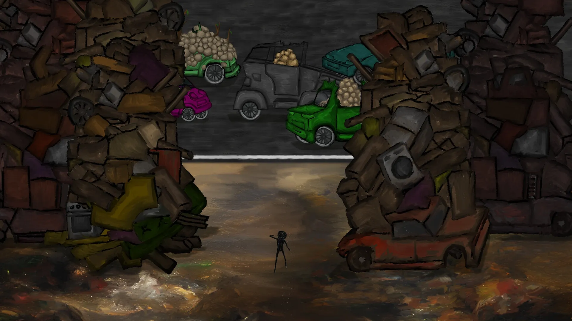 OFFERING APP: Lone character stands on dirt path between towering piles of debris, trucks visible beyond