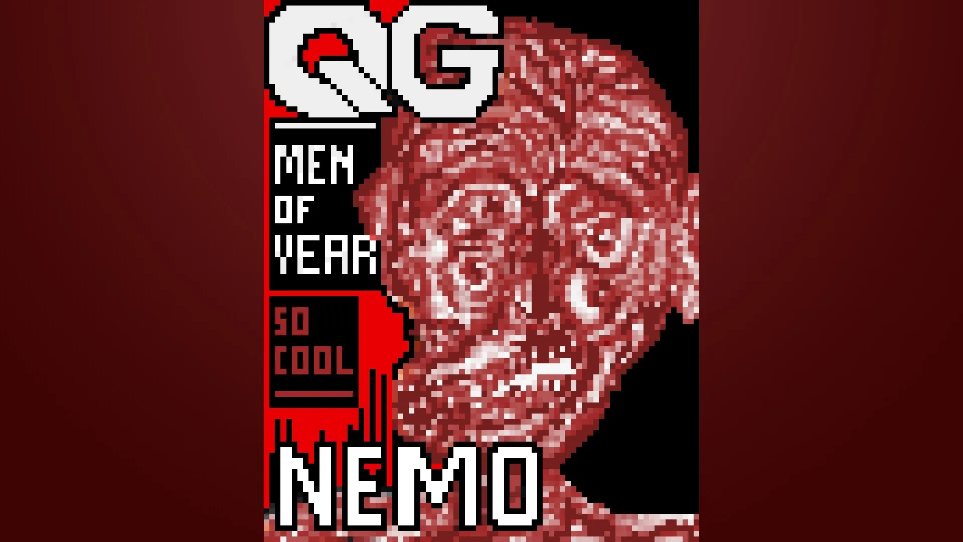 OFFERING APP: Distorted red pixelated face on magazine cover labeled "Men of Year" with text "Nemo"