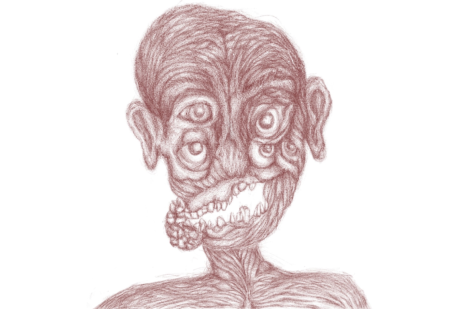 OFFERING APP: Horrific creature with multiple eyes and distorted features in a sketch-like style.