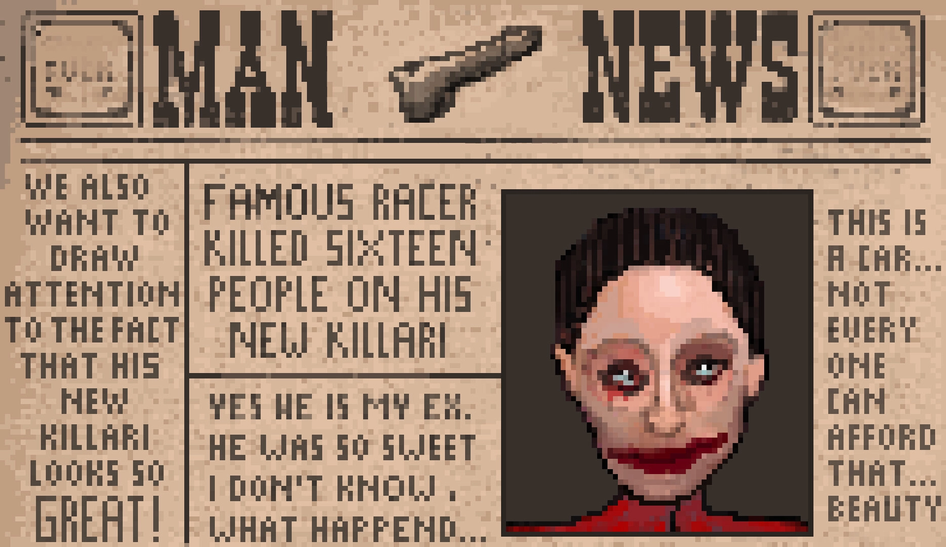 OFFERING APP: Newspaper article with eerie portrait and headline about racer killing sixteen people