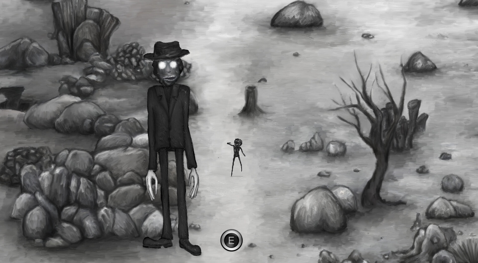 OFFERING APP: Tall figure in dark suit stands ominously on barren landscape with rocks and leafless trees