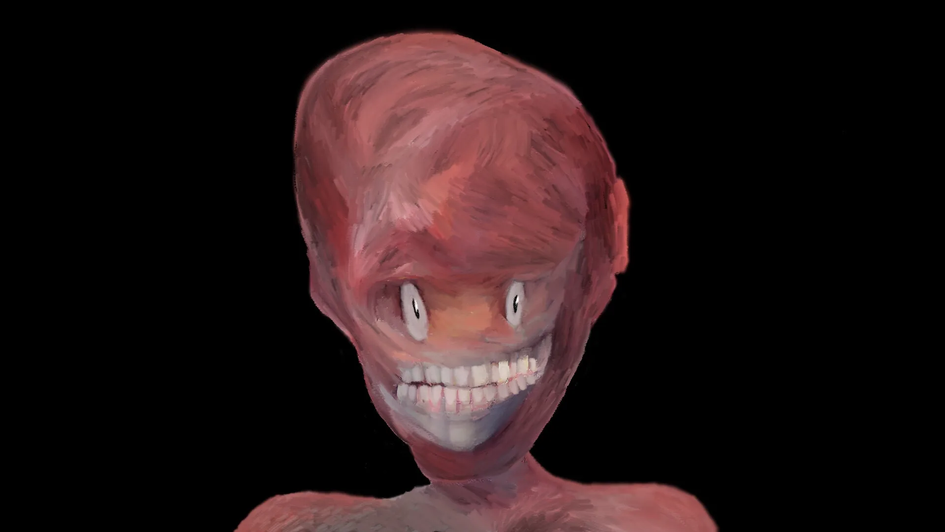 OFFERING APP: Distorted humanoid face with wide eyes and grin against dark background, eerie atmosphere