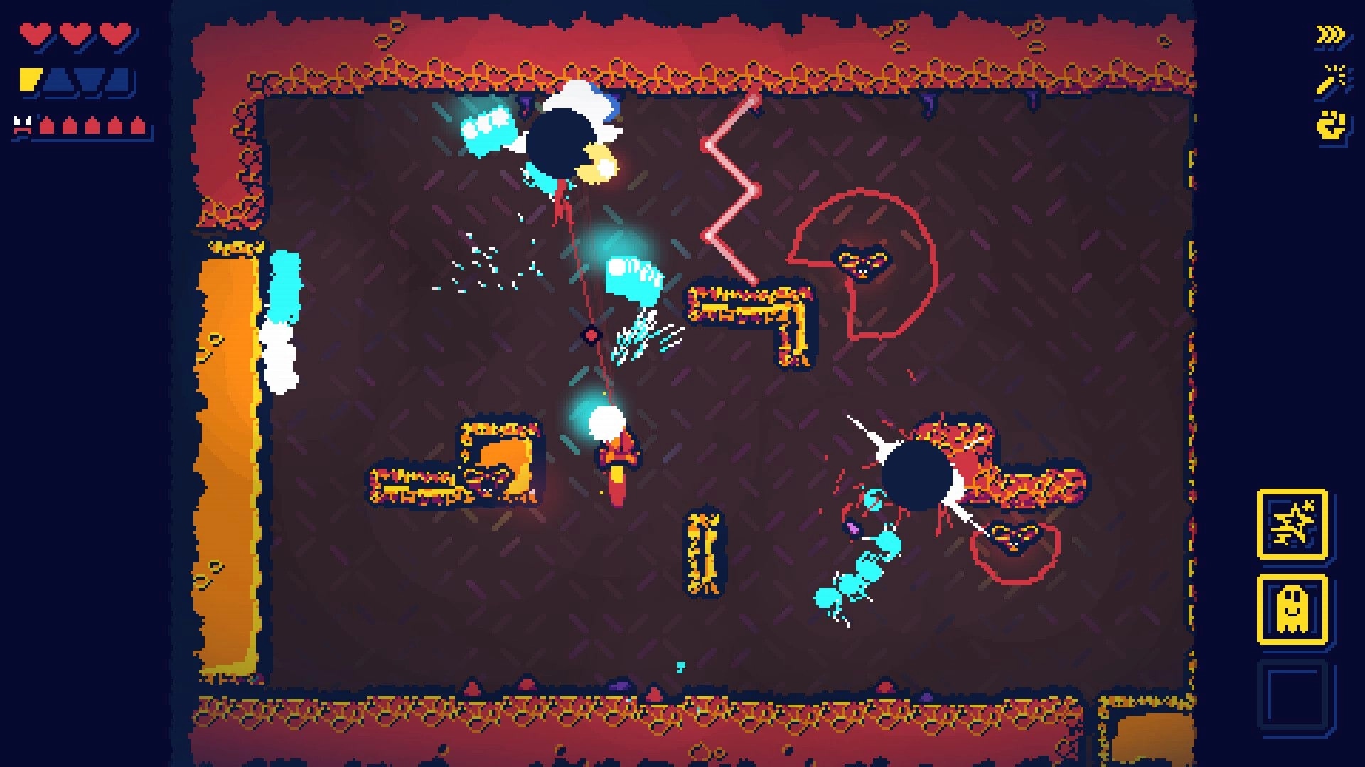 Ogre Chambers 2222: Player dodges projectiles in a dark arena with pixelated graphics and UI elements.