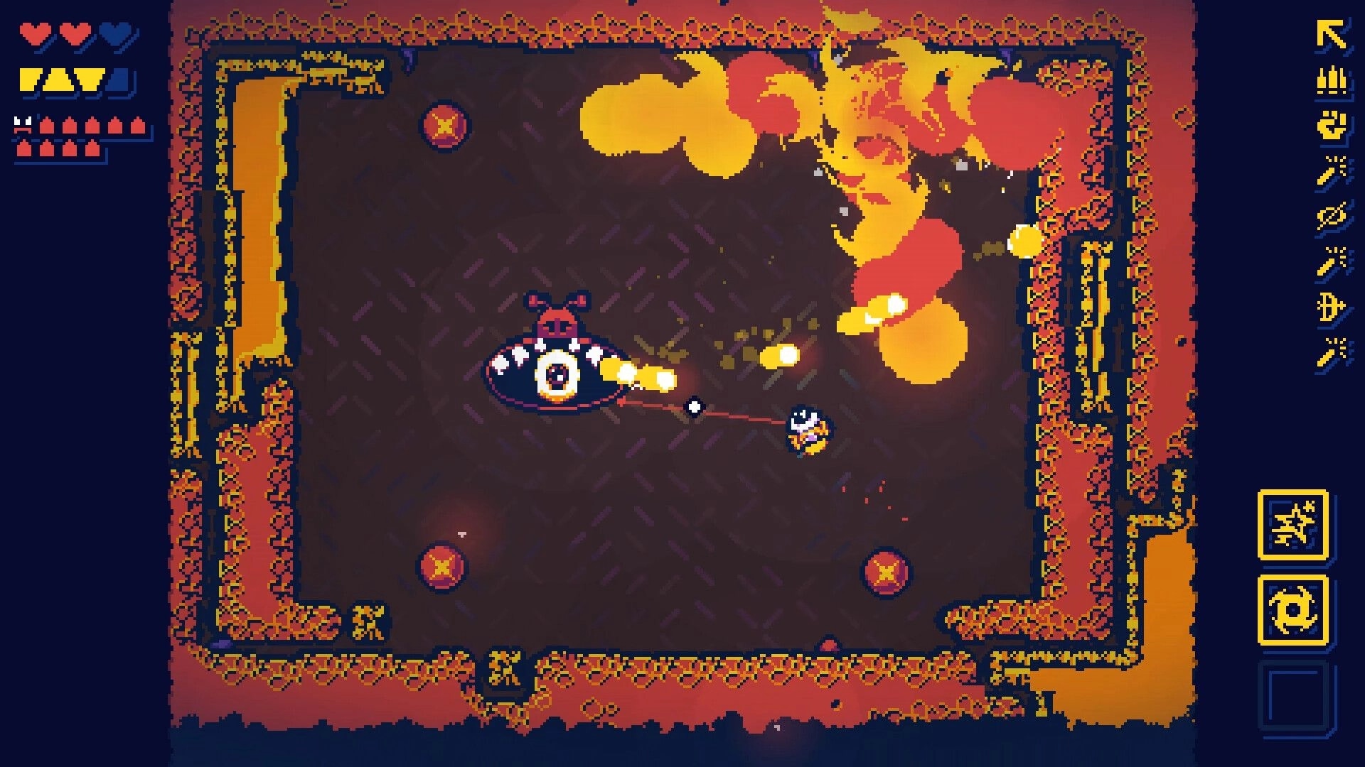 Ogre Chambers 2222: Player in combat with a spaceship-like enemy in a fiery arena with UI elements.