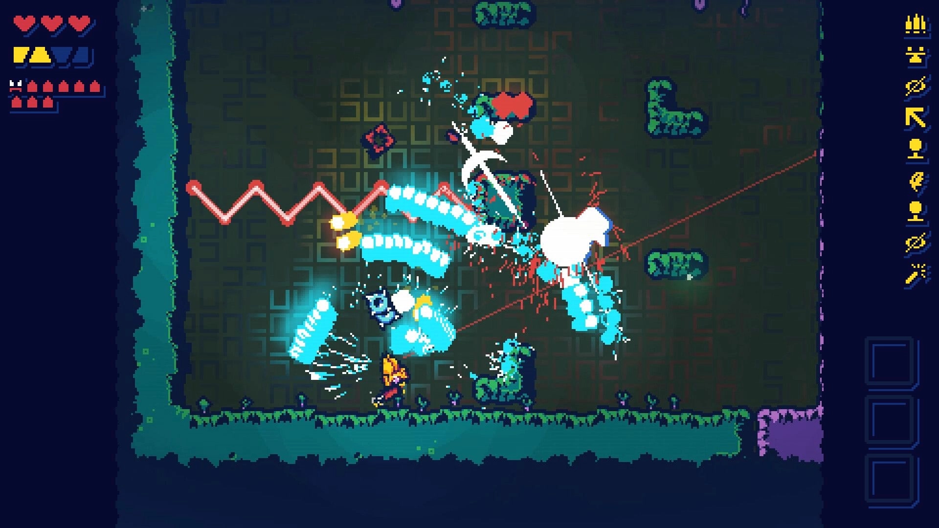 Ogre Chambers 2222: Player dodging enemy attacks in neon-lit arena with health indicators on screen