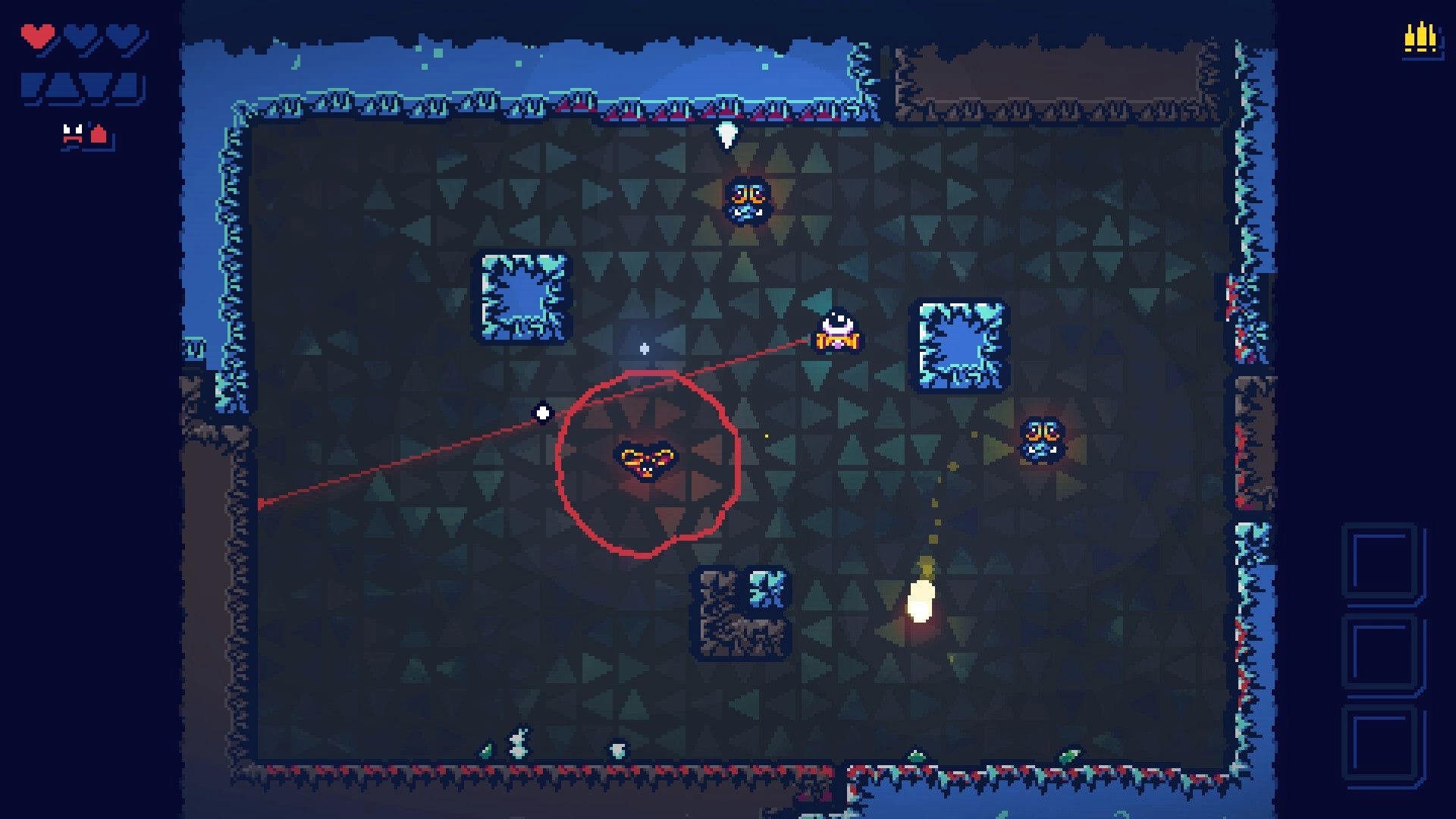 Ogre Chambers 2222: Player dodging projectiles in a dark arena with enemies and obstacles nearby