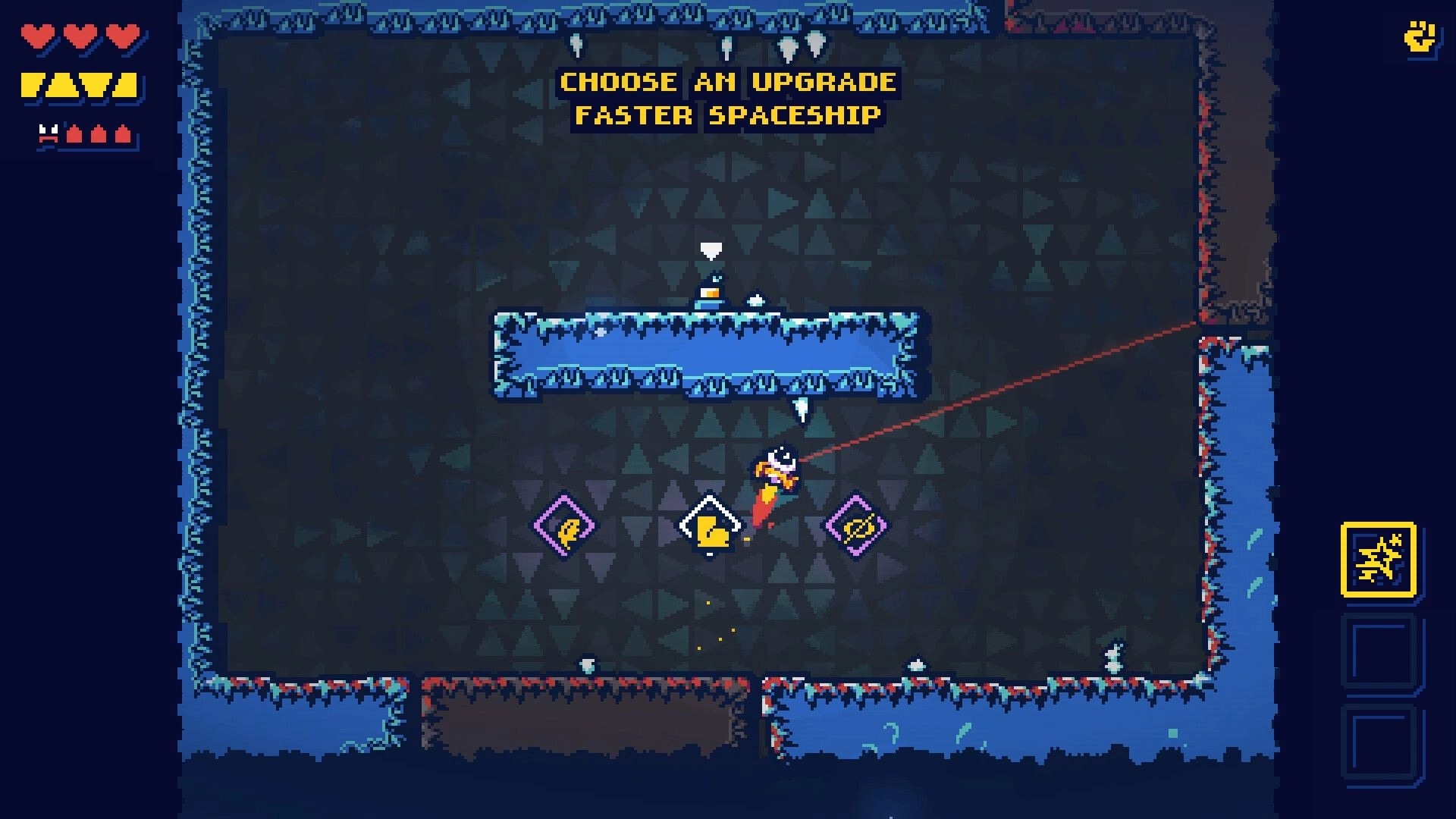 Ogre Chambers 2222: Character choosing an upgrade in icy arena with visible hearts and abilities UI.