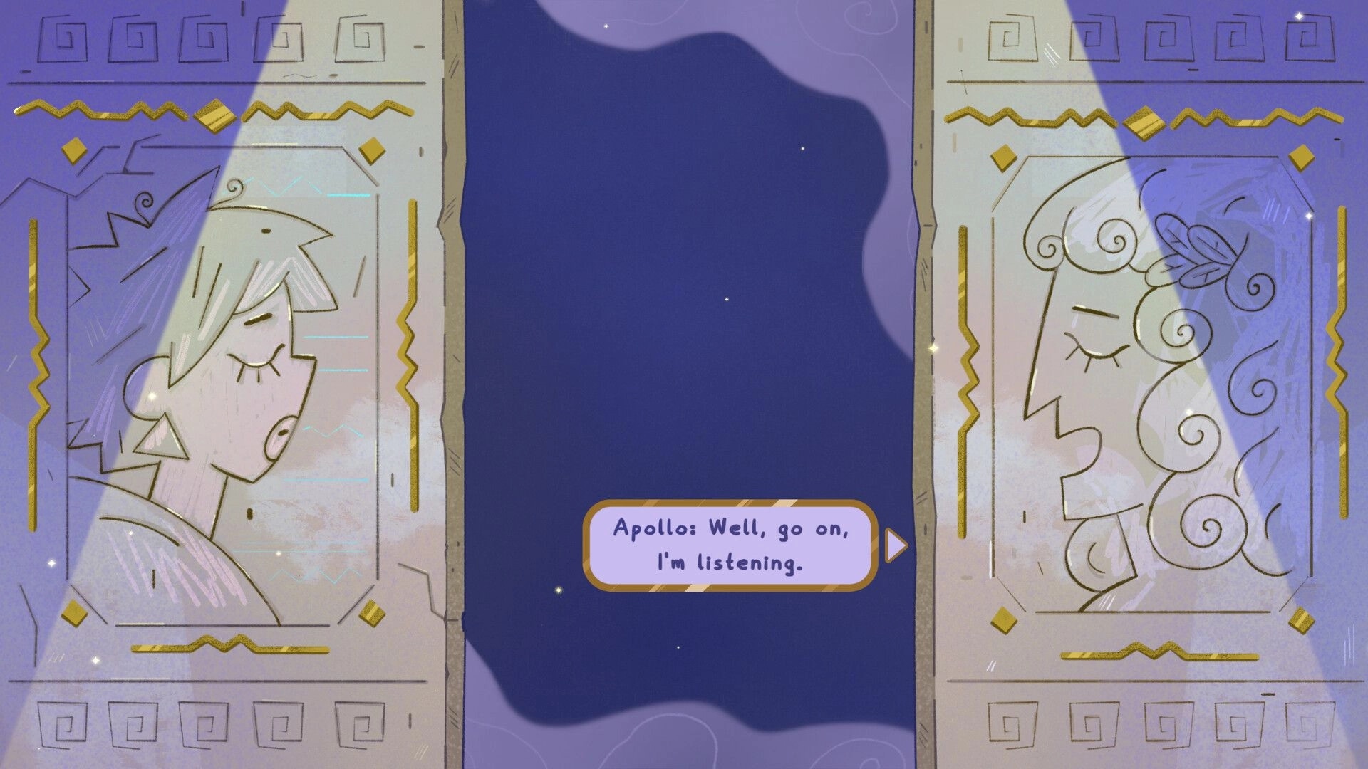 Oh Apollo!: Dialogue scene with two portrait panels and text box, Apollo says “Well, go on” on screen.