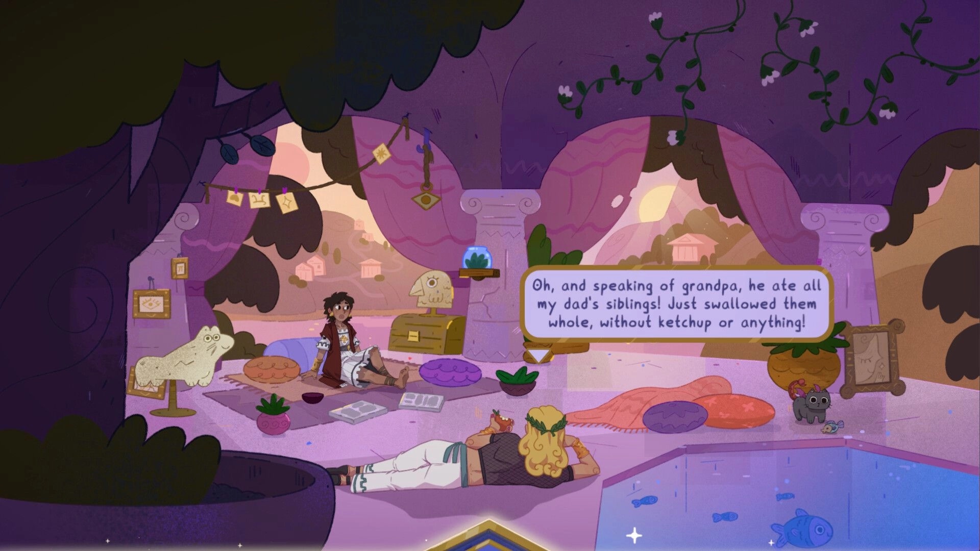Oh Apollo!: Dialogue scene in a purple temple lounge with two characters, pillows, and a pool.
