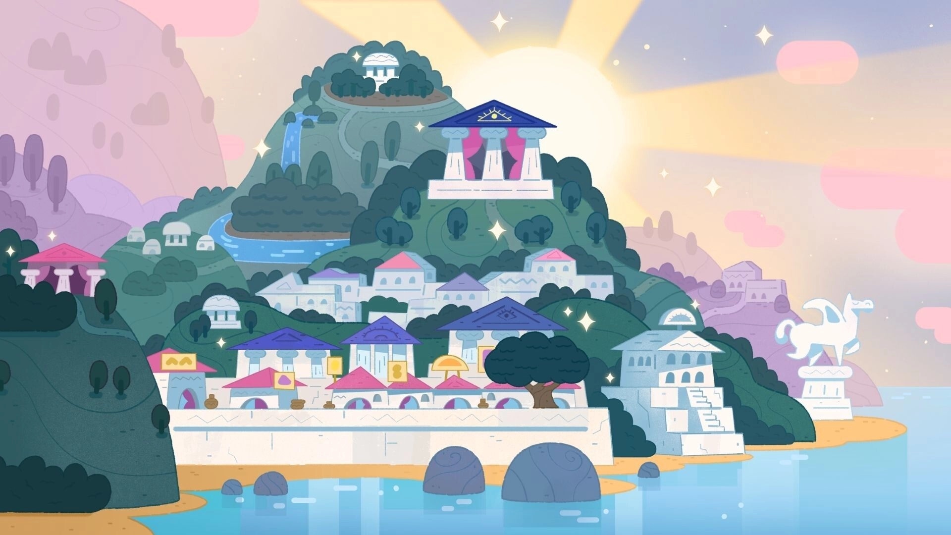 Oh Apollo!: Colorful map view of Delphi with hilltop temples, town buildings, and shoreline at sunrise.