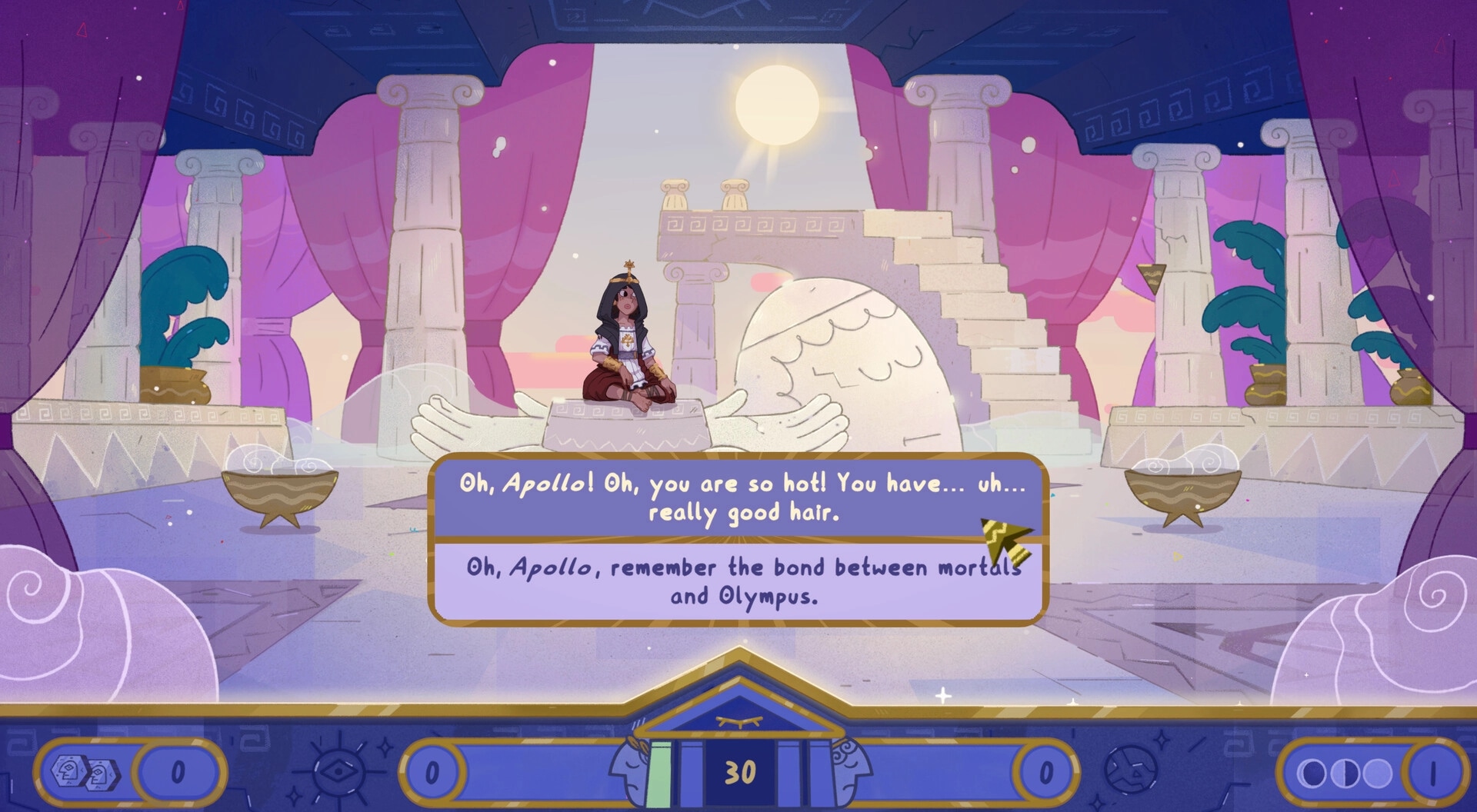 Oh Apollo!: Dialogue choice box as priestess sits in pastel temple with columns and sunlit stairs.