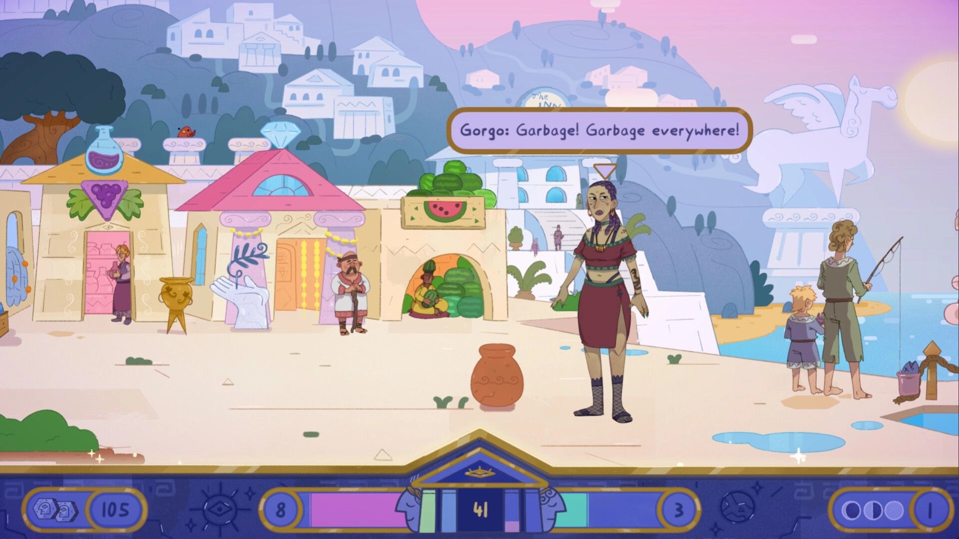 Oh Apollo!: Gorgo complains in dialogue box in seaside market town scene with resource bar UI below.