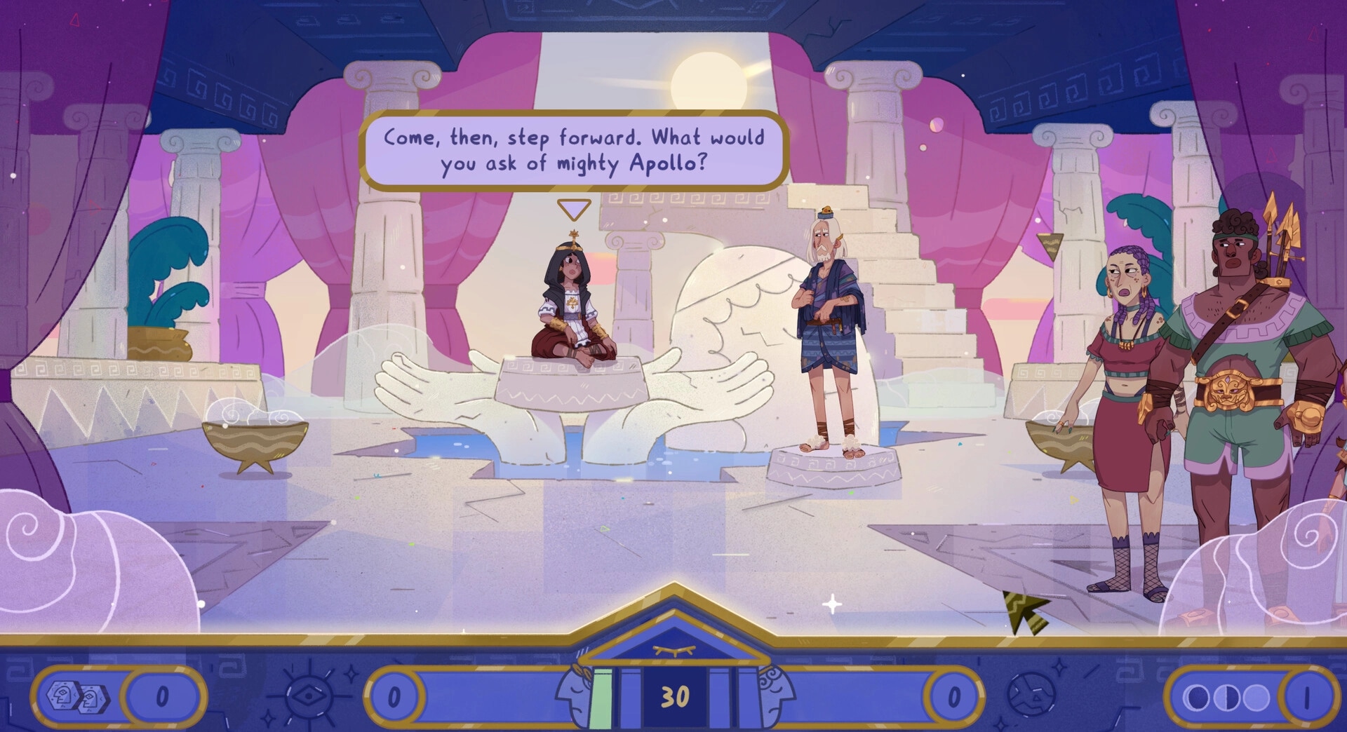 Oh Apollo!: Dialogue prompt above a priestess and three visitors inside a pastel temple hall UI bar below.