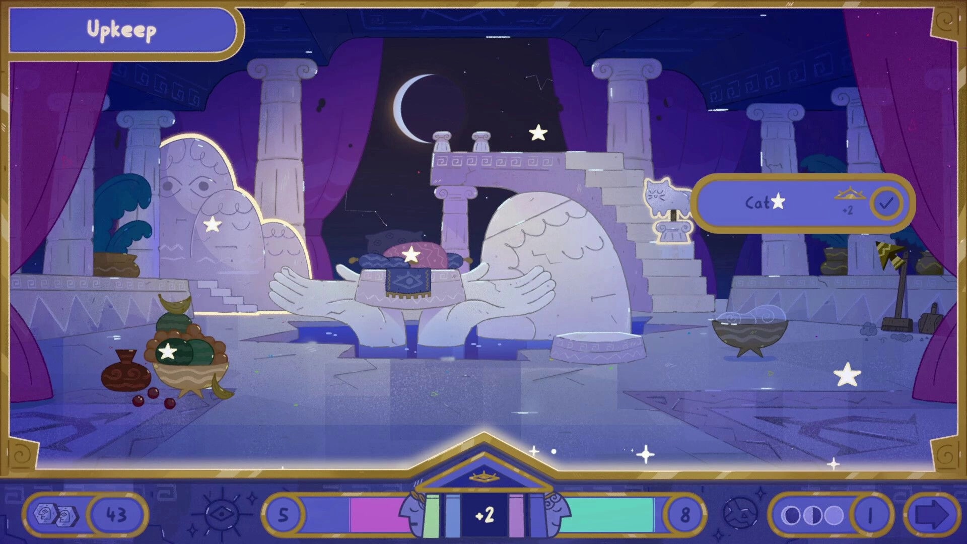 Oh Apollo!: Upkeep screen with moonlit temple ruins, star tasks, and a Cat card selection UI.
