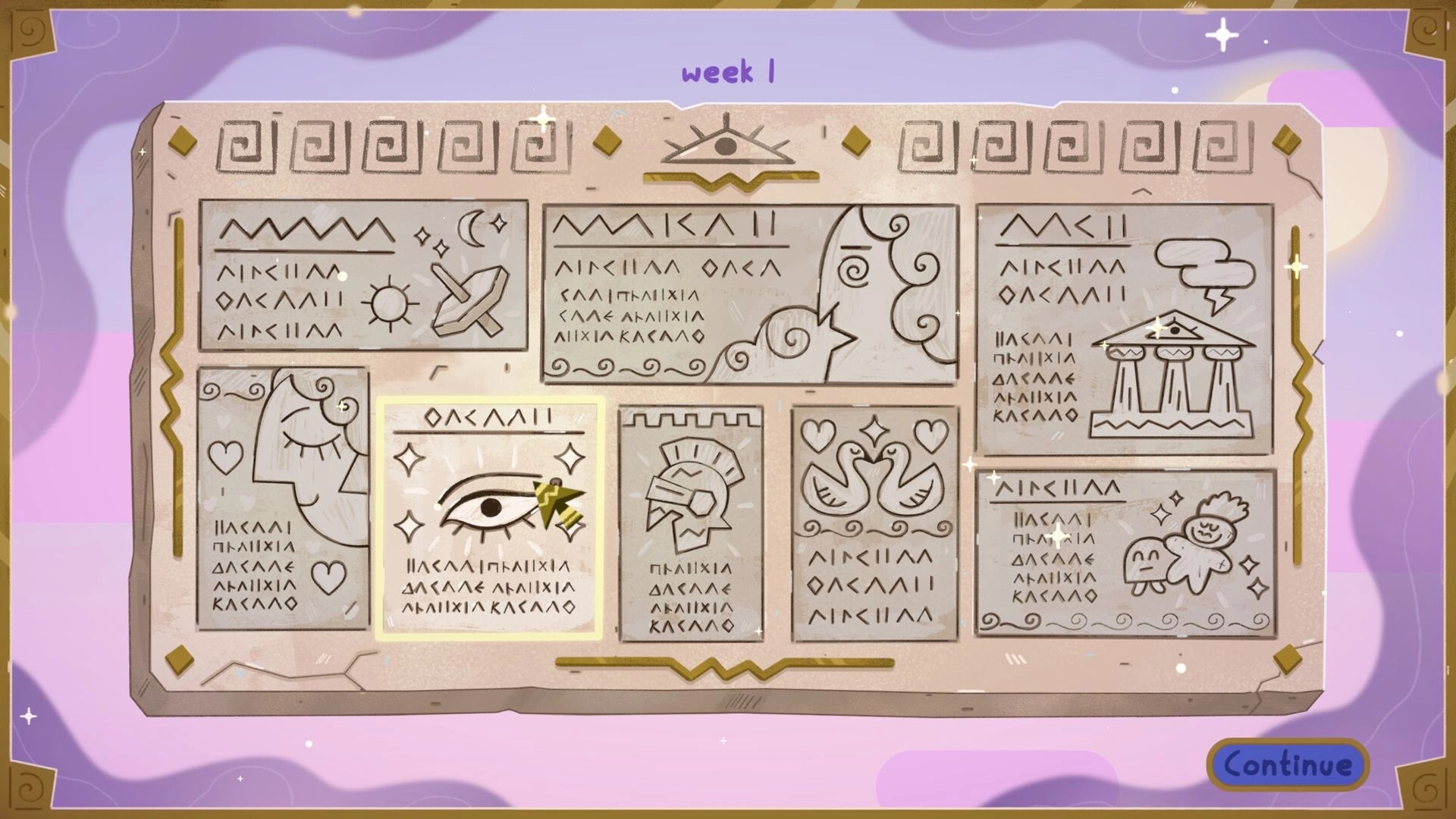 Oh Apollo!: Week 1 prophecy tablet UI with illustrated panels and a Continue button on pastel sky backdrop.