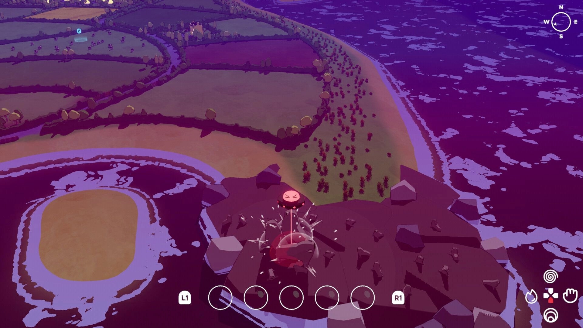 Oh No! UFO!: Character drills into rocky island with empty item slots and compass over ocean coast.
