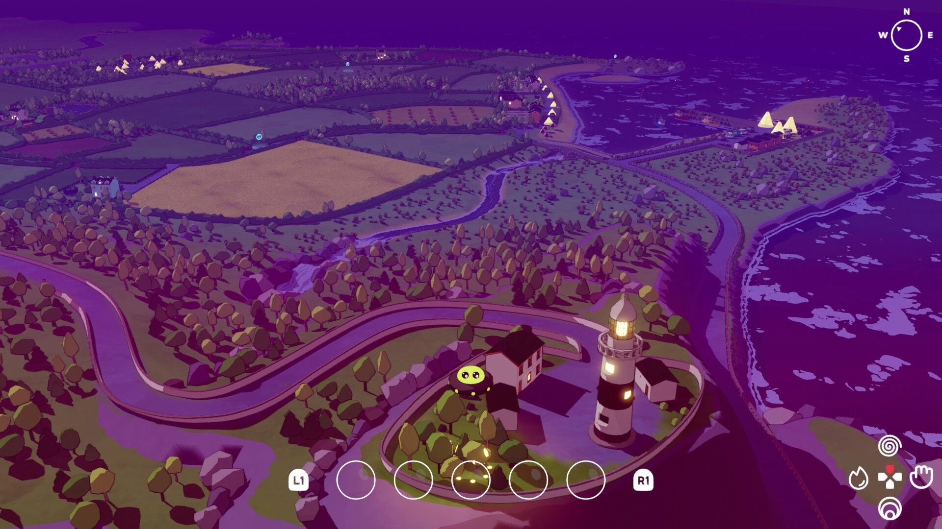 Oh No! UFO!: Cosmo near a glowing lighthouse with item slots and compass UI on a coastal map view.