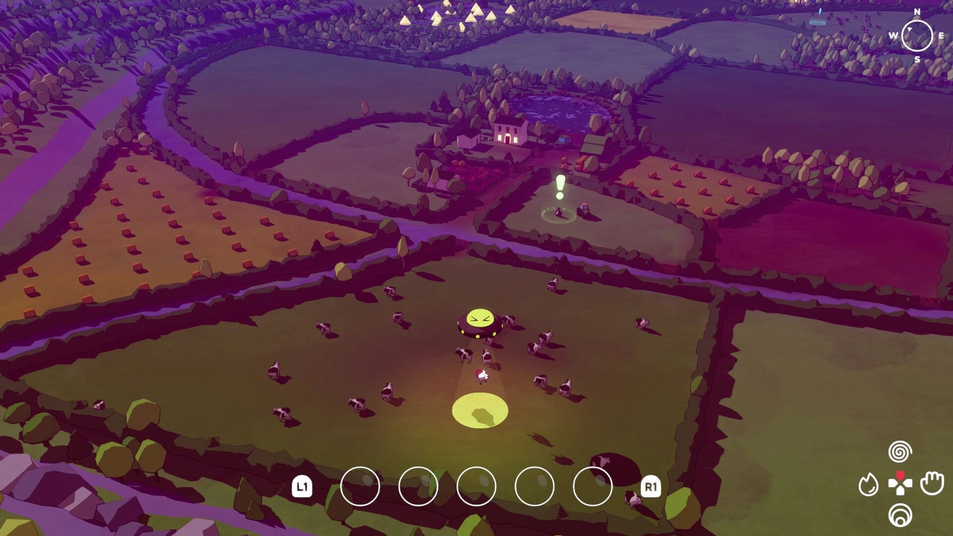 Oh No! UFO!: UFO spotlight hovers over cows near an exclamation quest marker in farm fields at dusk.