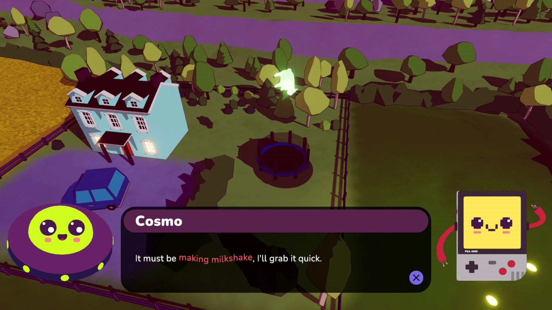 Oh No! UFO!: Cosmo dialogue box over a farmhouse yard with trampoline, trees, and P.E.A. UI panel.