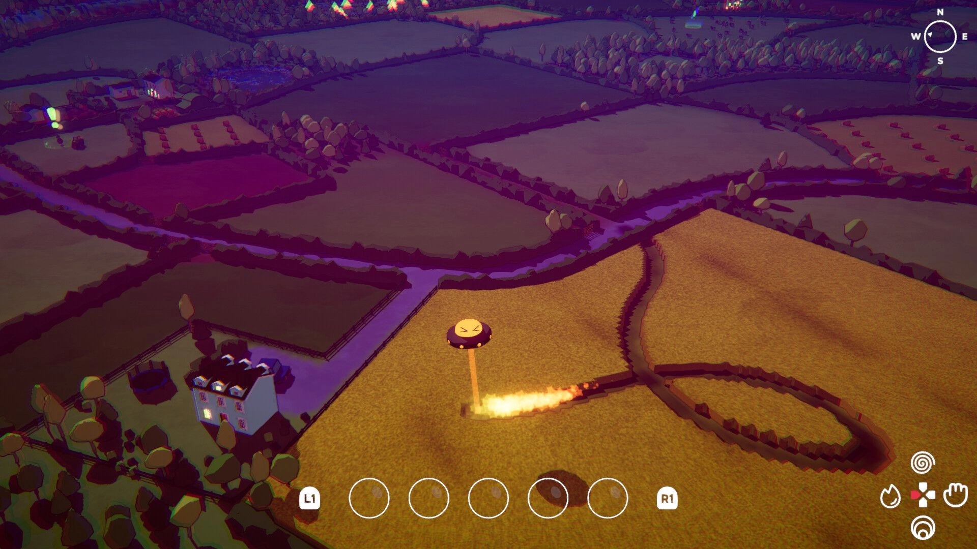Oh No! UFO!: UFO fires a beam on farmland, leaving a scorched trail, compass and hotbar UI visible.