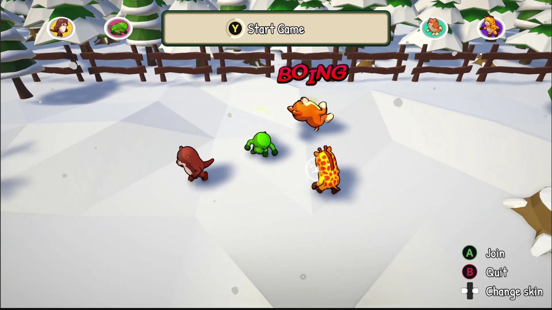 Oh Puck!: Four animal characters on ice, one mid-jump, with "Start Game" and control options displayed.