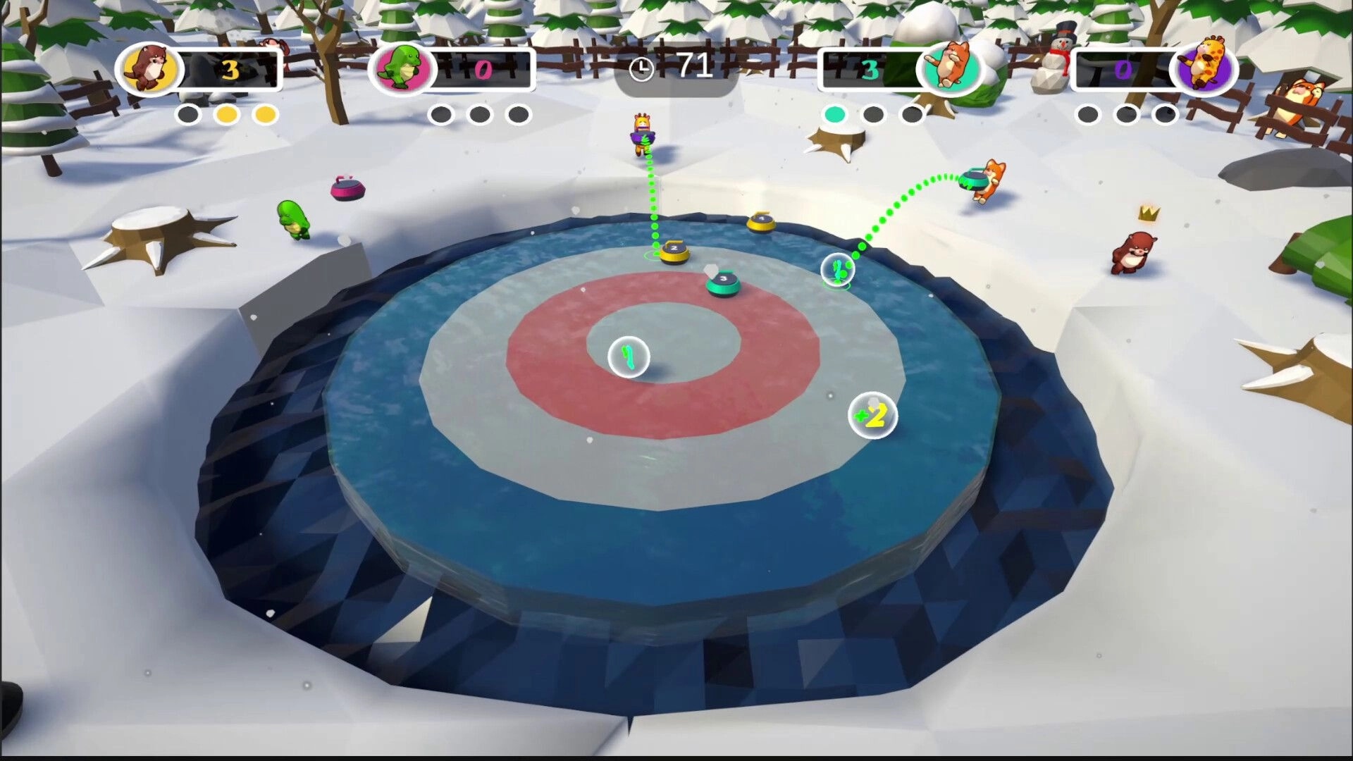 Oh Puck!: Characters slide stones on icy target, score displayed, snowy forest surrounds the arena.