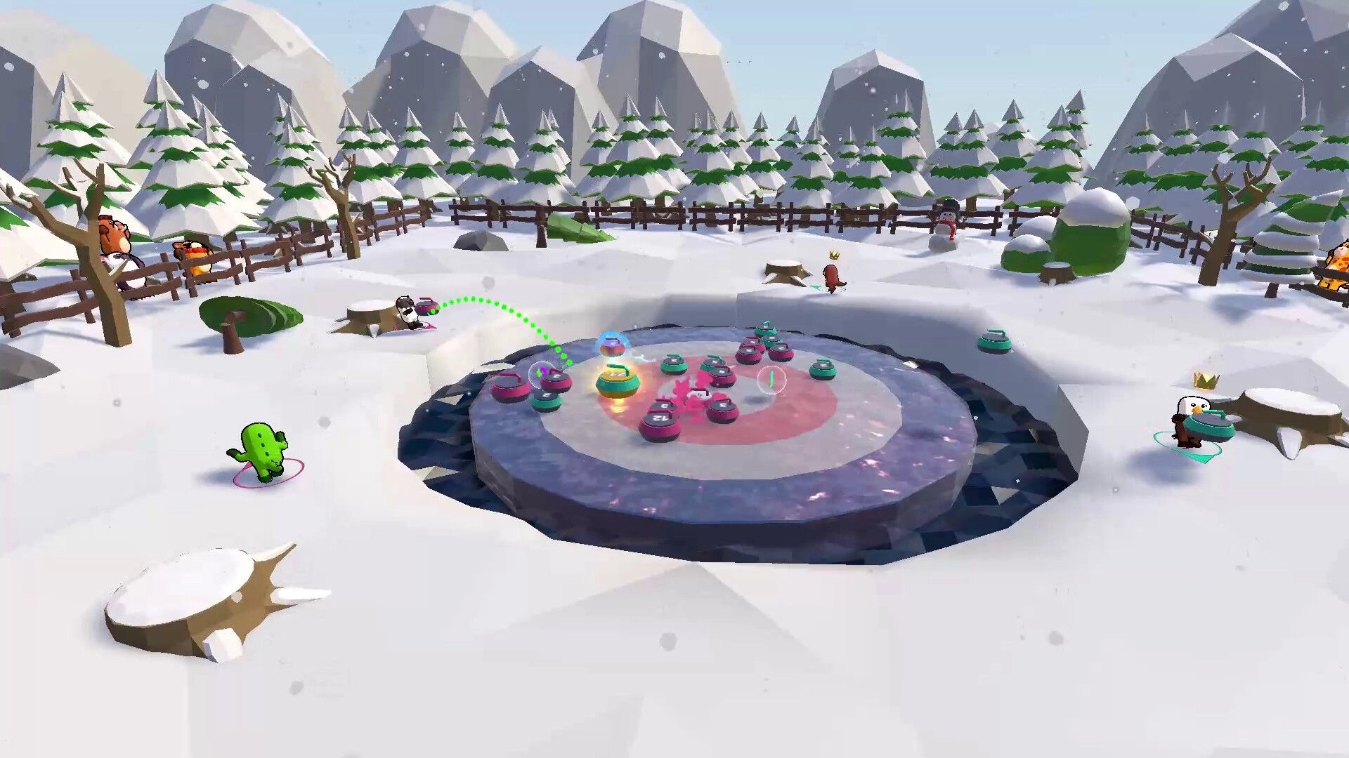 Oh Puck!: Colorful pucks clash on icy target, animal characters in snowy forest track scores above.
