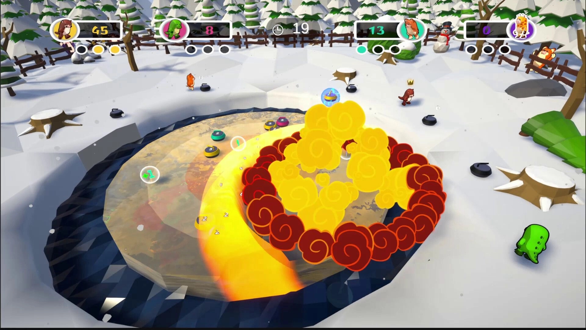 Oh Puck!: Colorful chaos as players slide stones and dodge explosions on an icy curling rink.