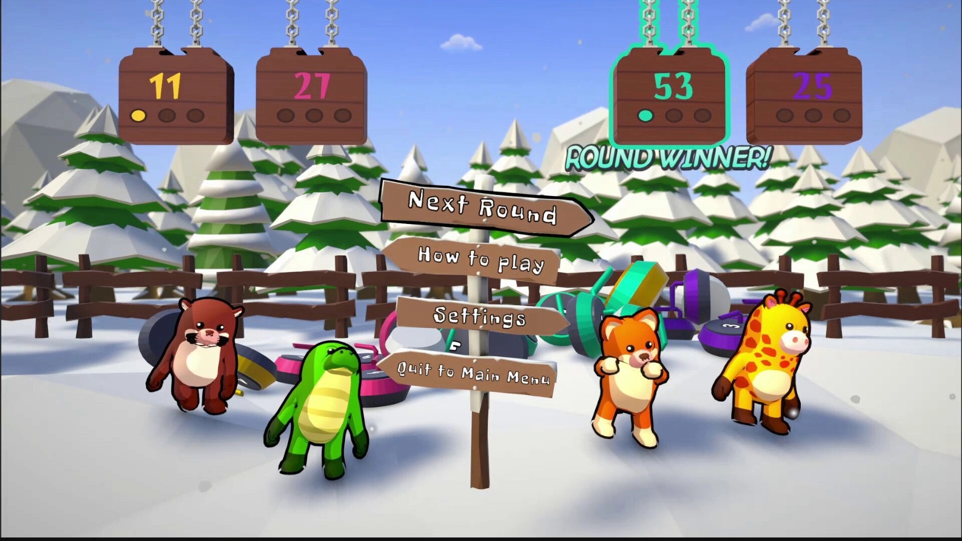 Oh Puck!: Victory screen with animal characters and scoreboards in snowy forest setting