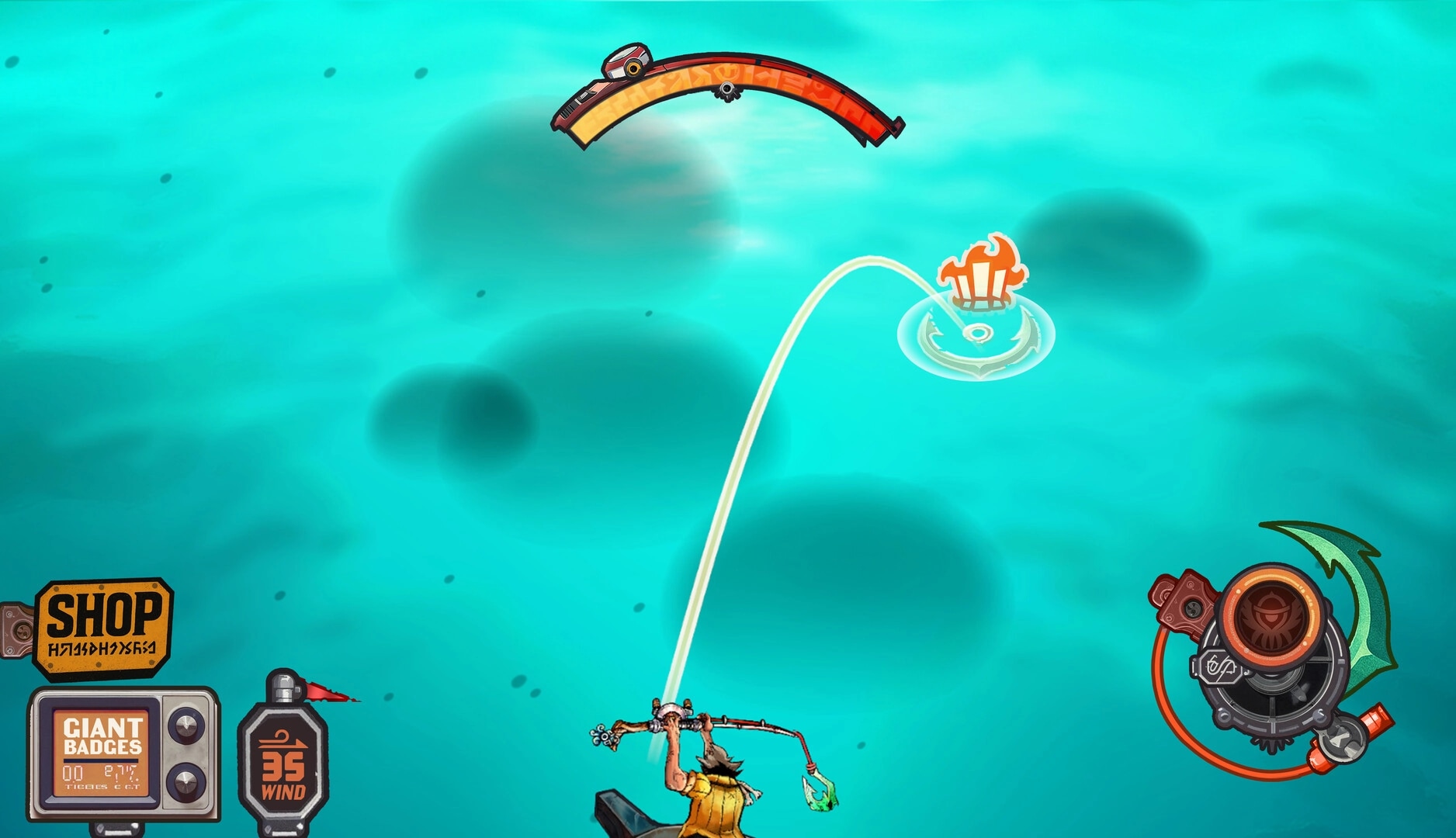 OHAYO GIANTHOOK!: Fisherman casts line into vibrant sea with UI showing shop and gear indicators.
