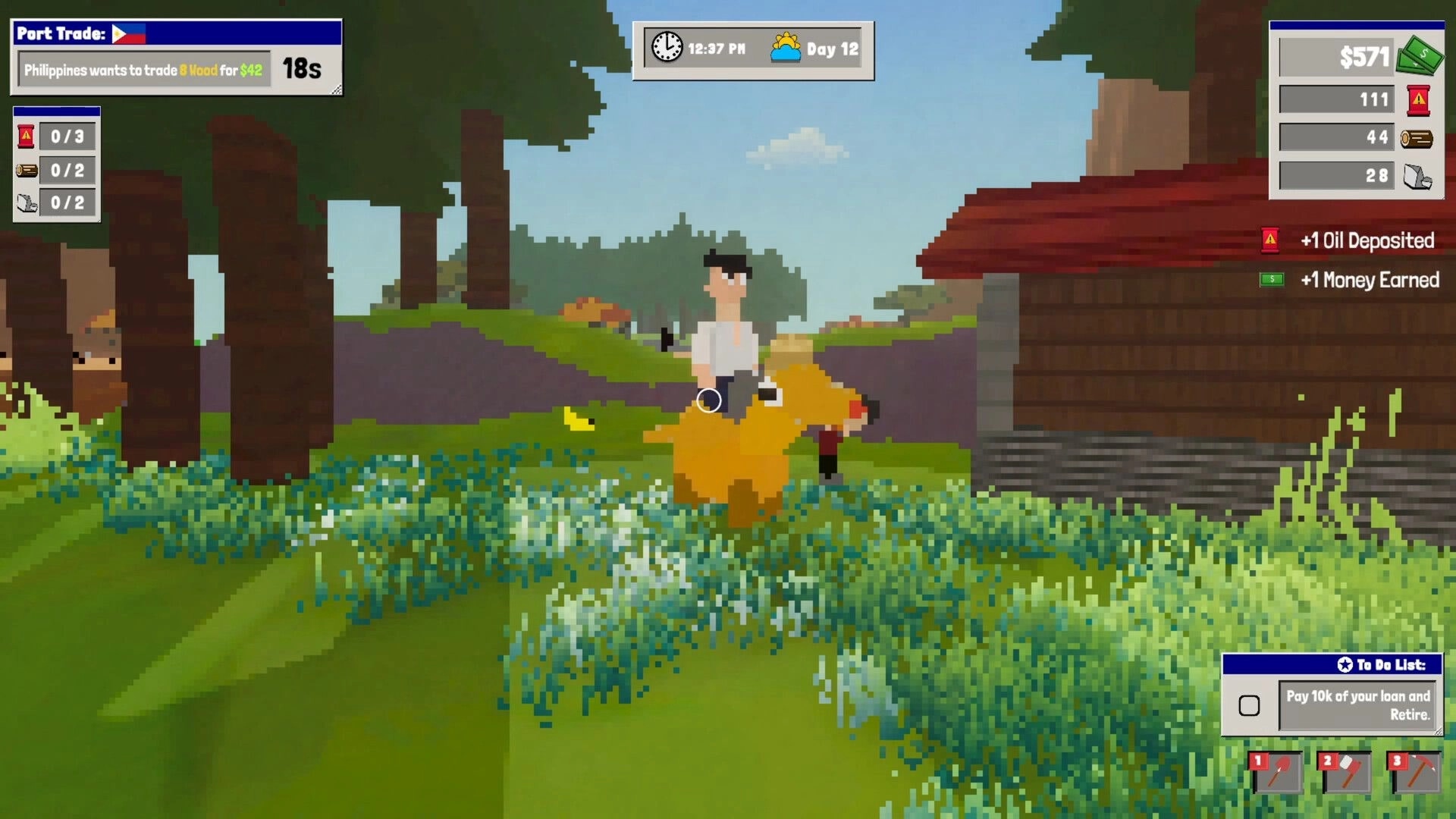 Oil Island Hustle: Player deposits oil by a cabin on grassy island, with trade and money UI visible.