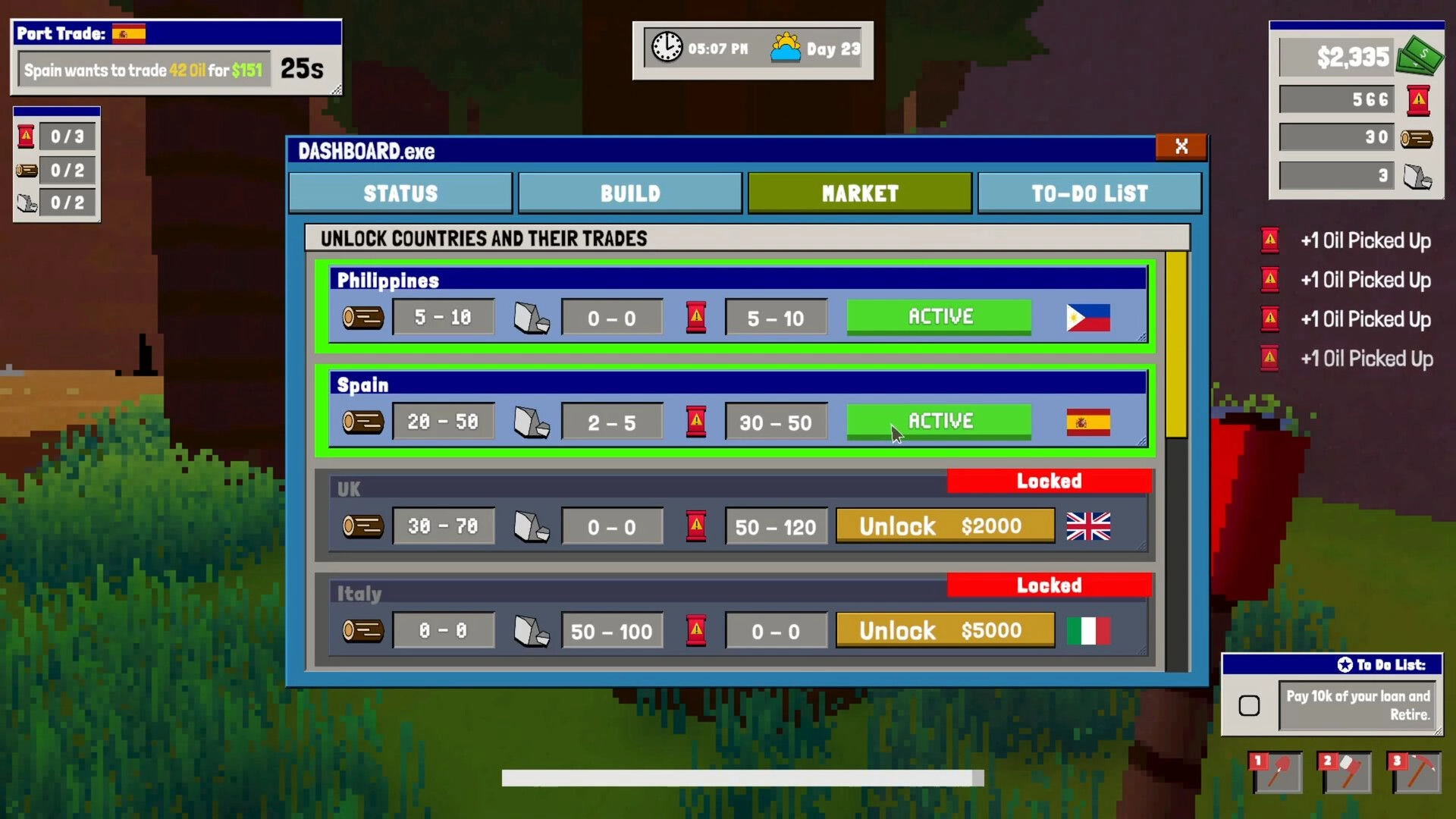Oil Island Hustle: Market dashboard listing country trades and unlock costs over a pixelated island backdrop.