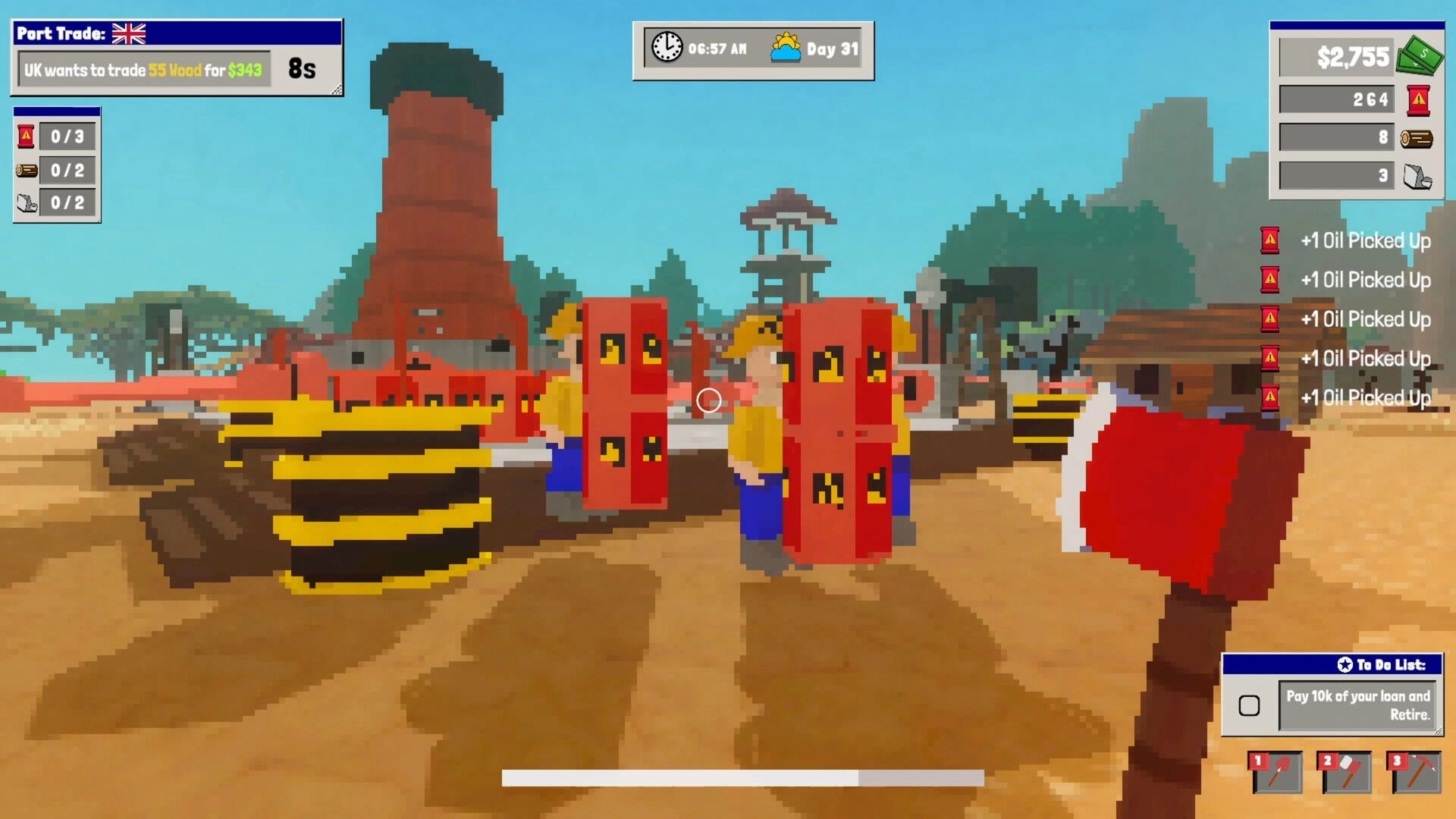 Oil Island Hustle: Workers carry red oil barrels by refinery stacks, trade and money UI on sandy island.