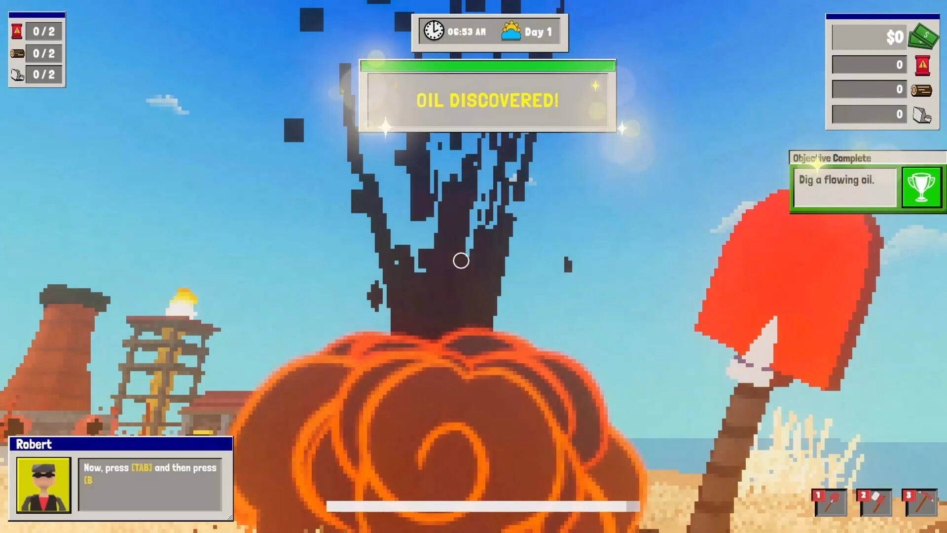 Oil Island Hustle: Oil discovered popup as black oil gushes from ground on sunny beach with UI panels.