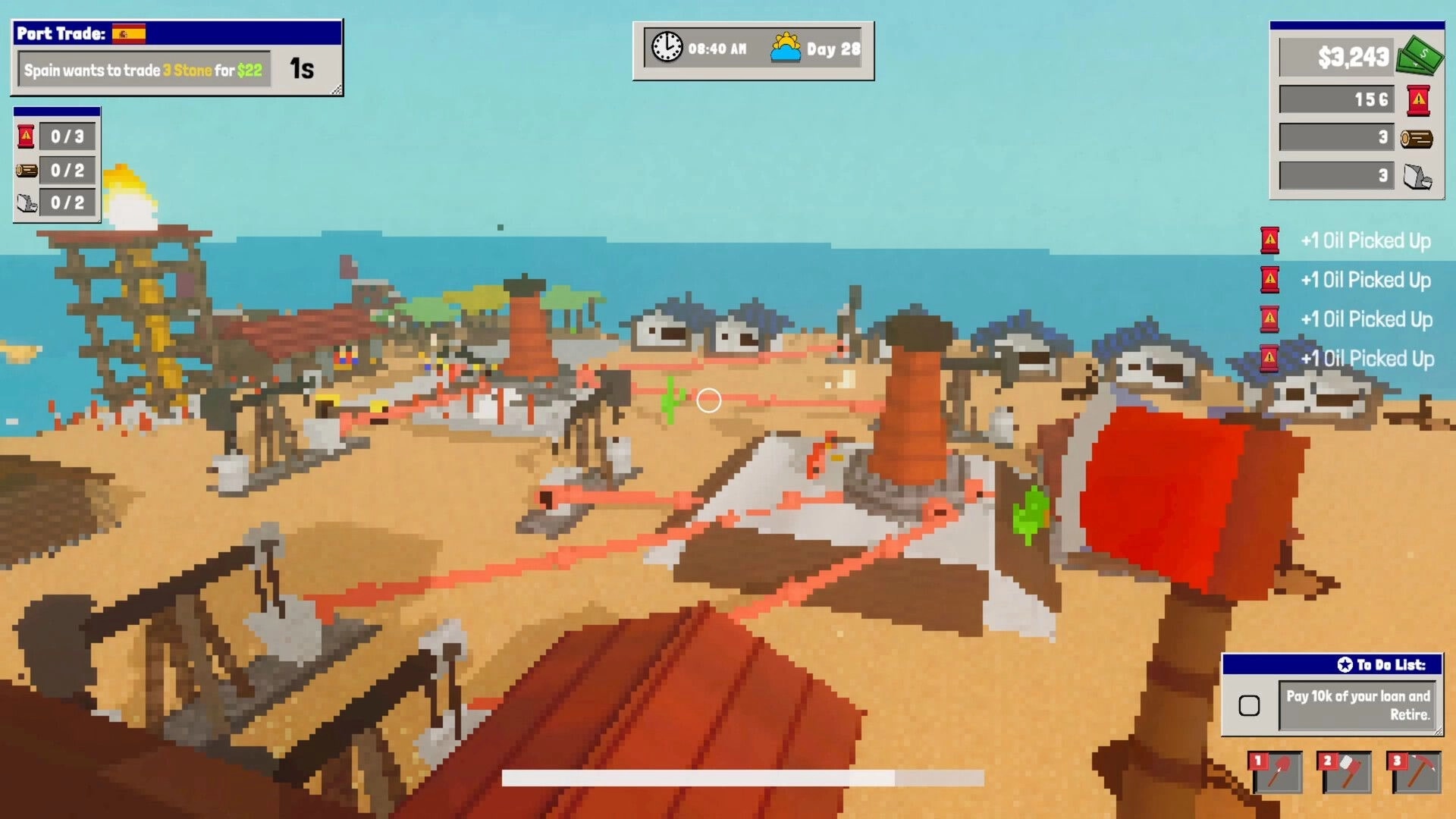 Oil Island Hustle: First-person oil field with pumps and pipes, trade offer UI and cash counters on screen.