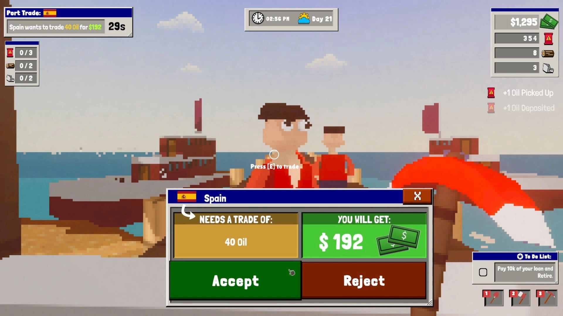 Oil Island Hustle: Accept/reject Spain trade for 40 oil at port dock with NPCs and ship UI.