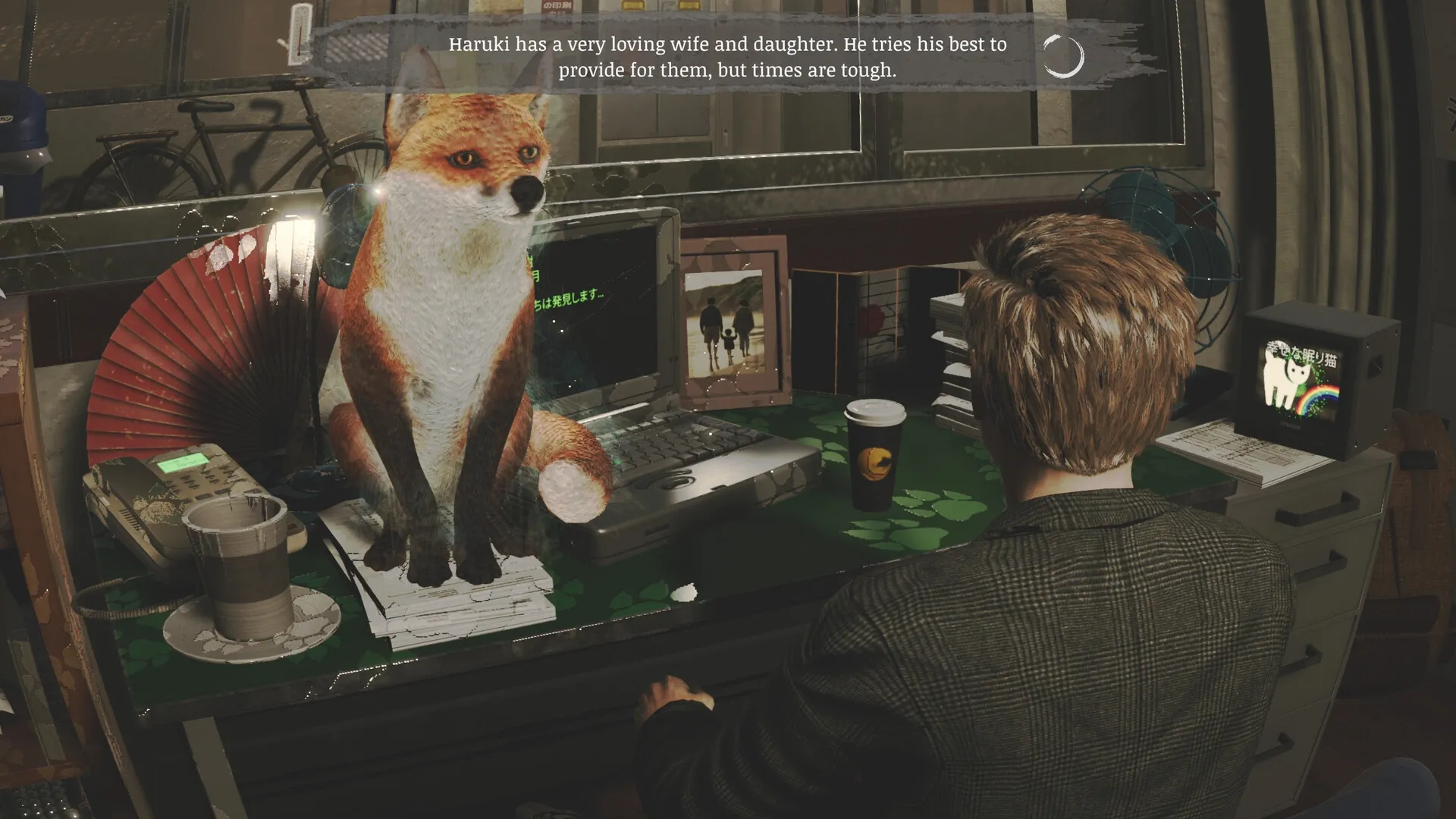 Okinawa Journal: Haruki sits at cluttered desk with glowing fox spirit on laptop, contemplating his next move.