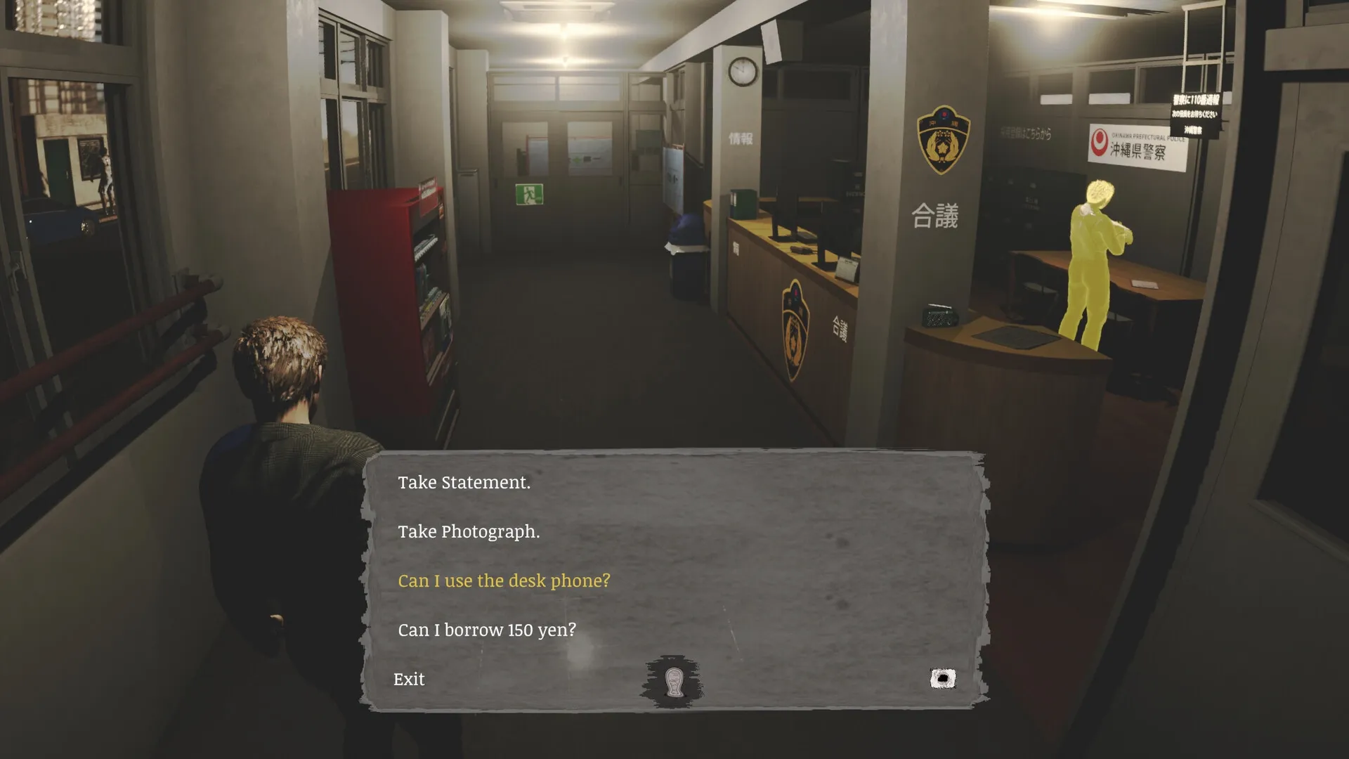 Okinawa Journal: Journalist in police station hallway, dialogue options visible on screen.