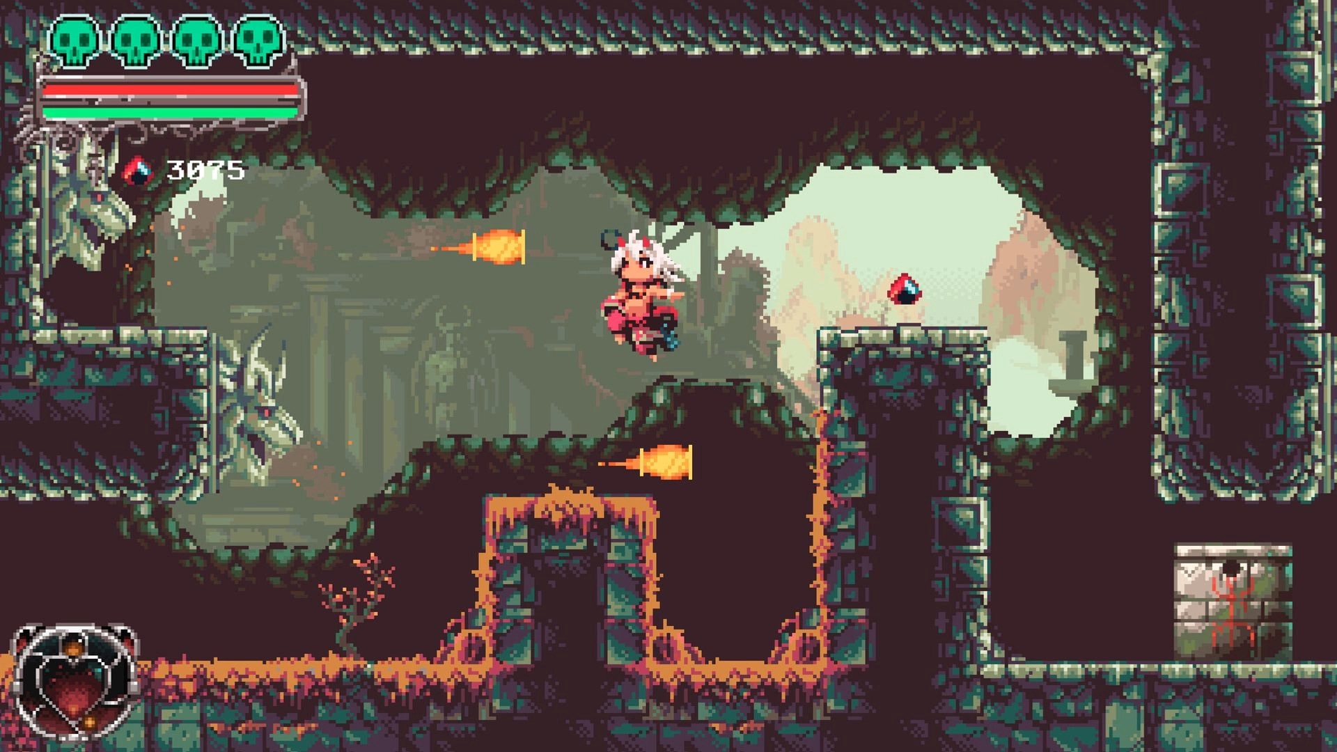 Okko The Exiled: Okko jumping over fire projectiles in a dark cavern with health bar visible