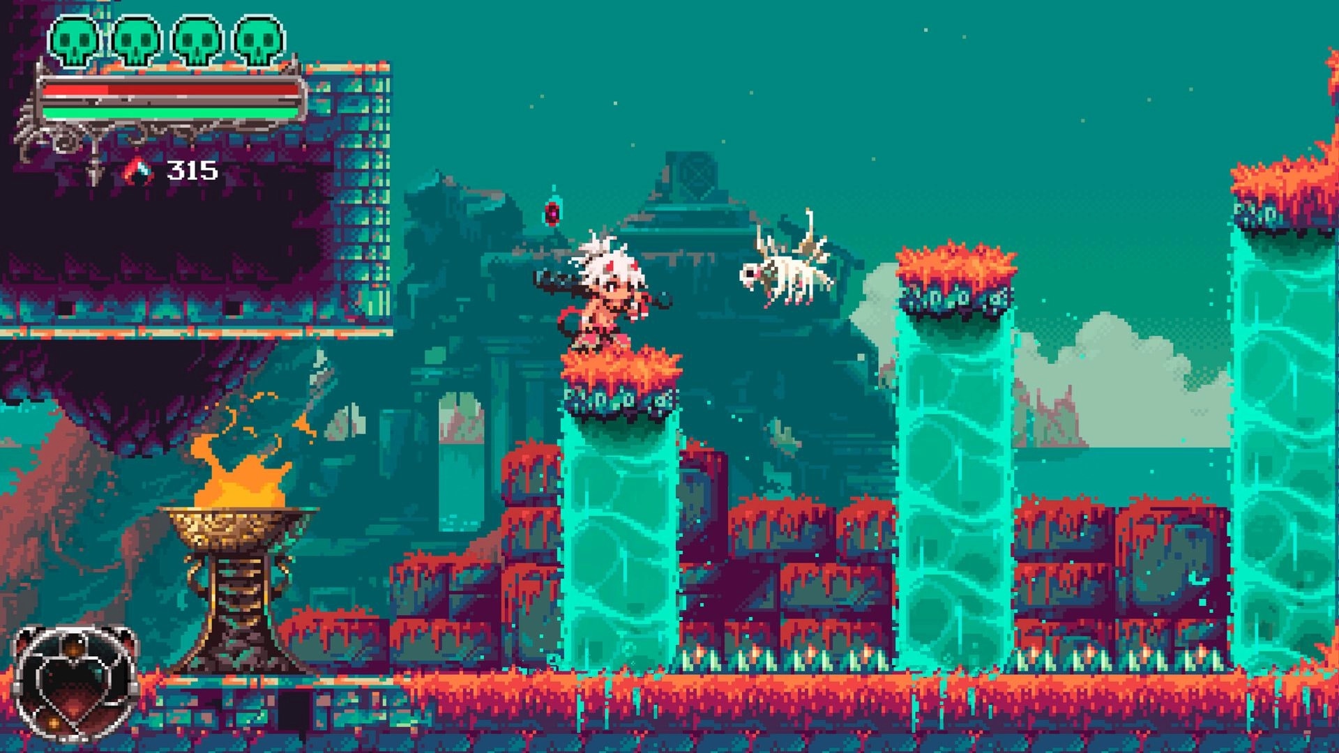 Okko The Exiled: Okko battles a white spider creature on floating platforms in a mystical ruin setting
