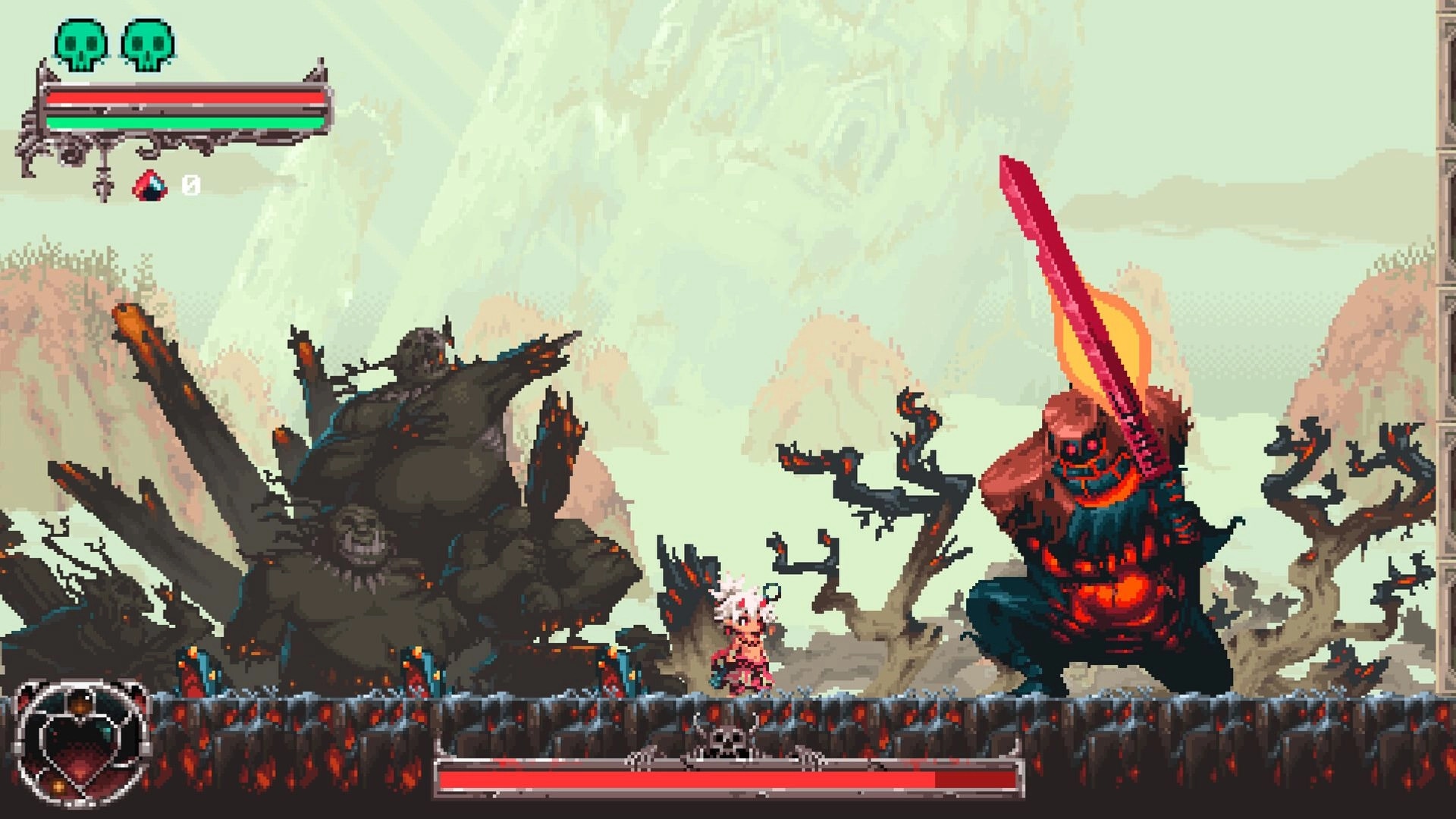 Okko The Exiled: Okko faces giant demon with sword in desolate, eerie landscape with twisted trees.