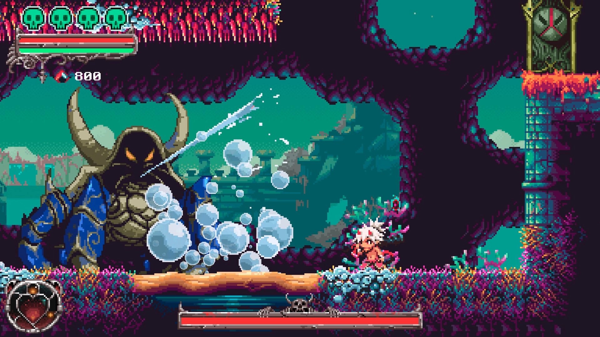Okko The Exiled: Okko battles a horned demon boss in a vibrant cave with health bar displayed