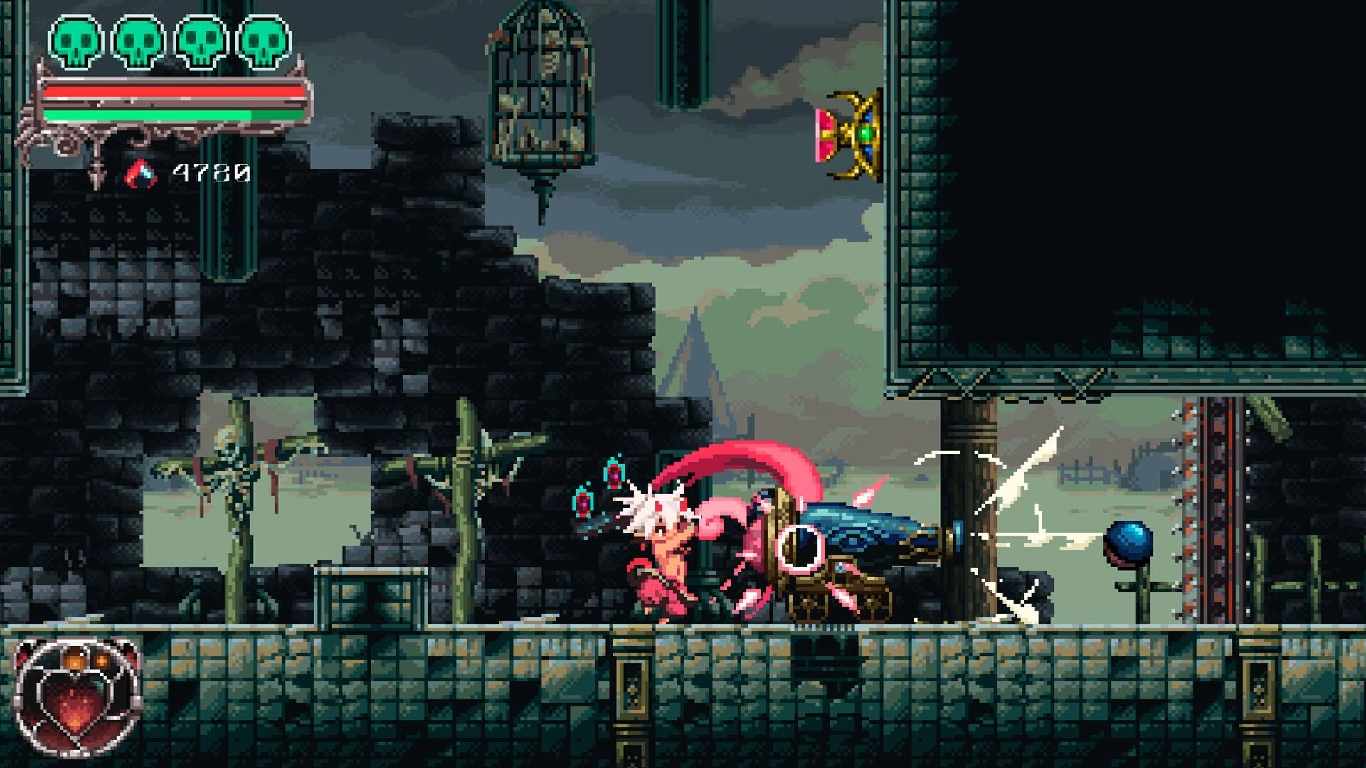 Okko The Exiled: Okko battling a creature on a stone platform with ruins and cages in the background